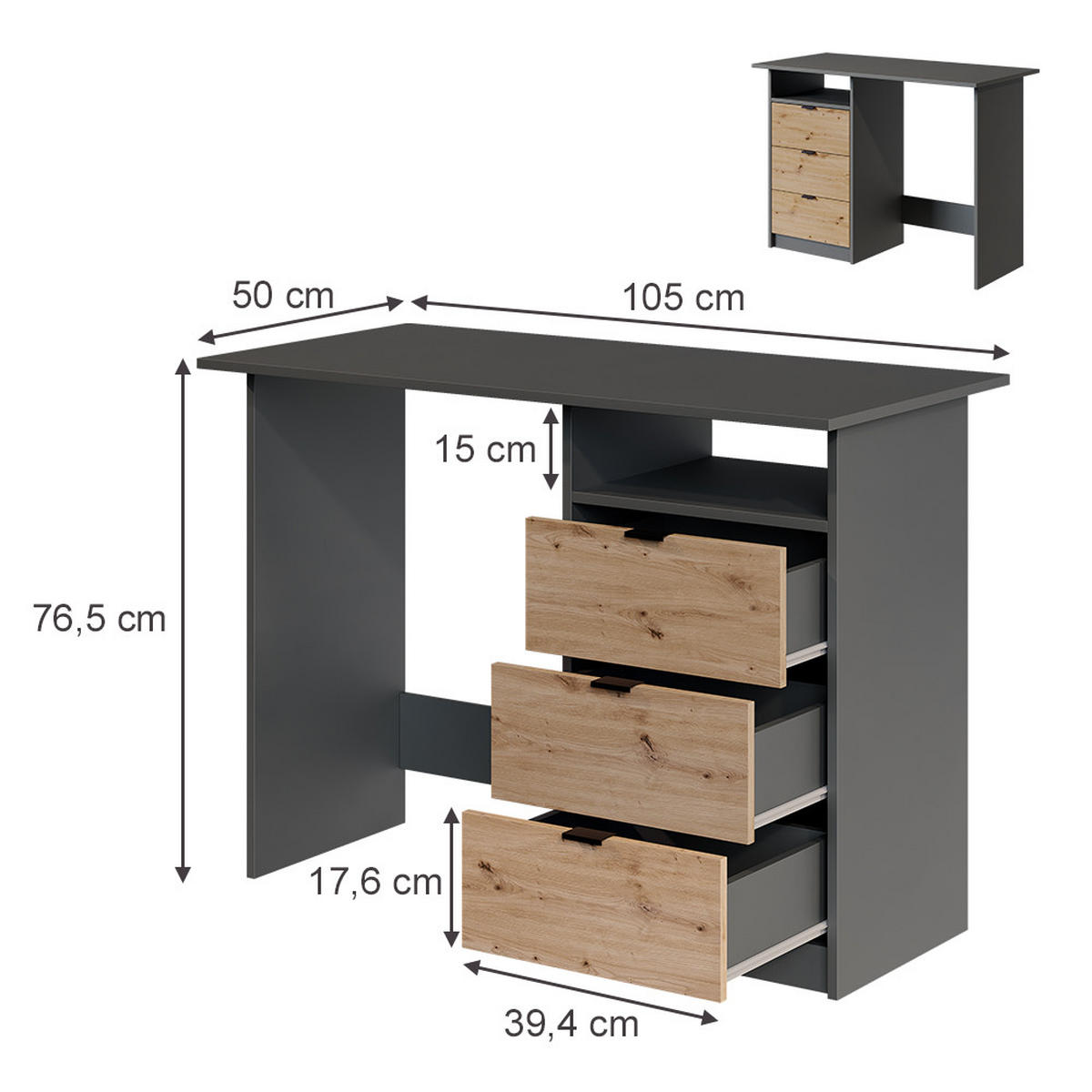 SCHREIBTISCH Meiko Anthrazit/Artisan 105 x 50 cm mit Schubladen - Anthrazit/Eiche Artisan, Holzwerkstoff (50/105/76.5cm) - Vicco