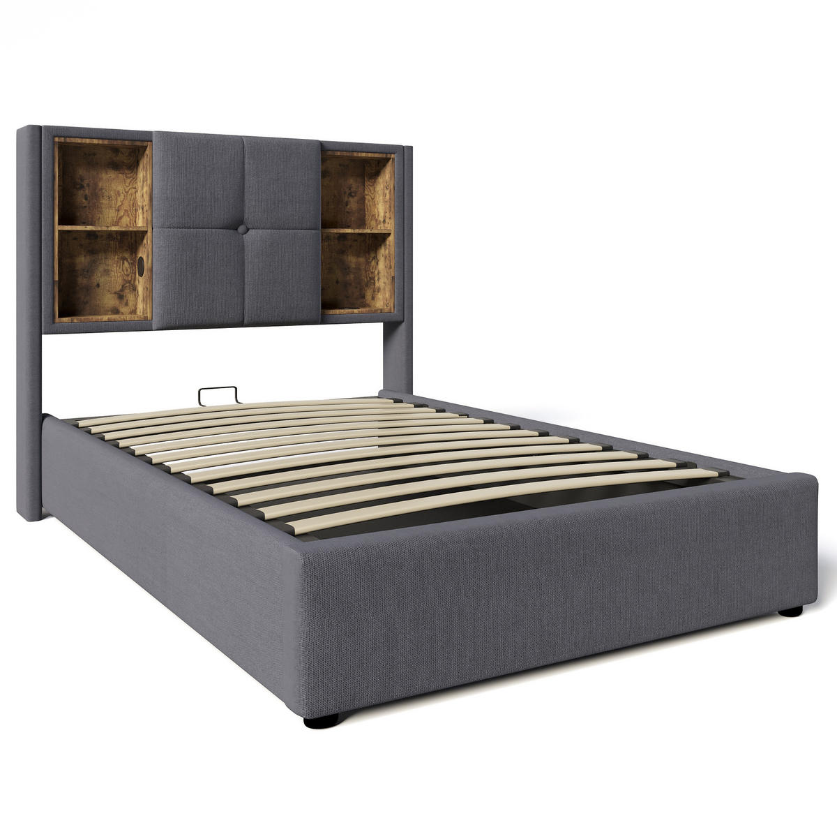 BETT mit Bettkasten und Ladestation 90x200 cm Baumwolle Grau inkl. Matratze - Grau, Metall (90/200cm) - Meubliv