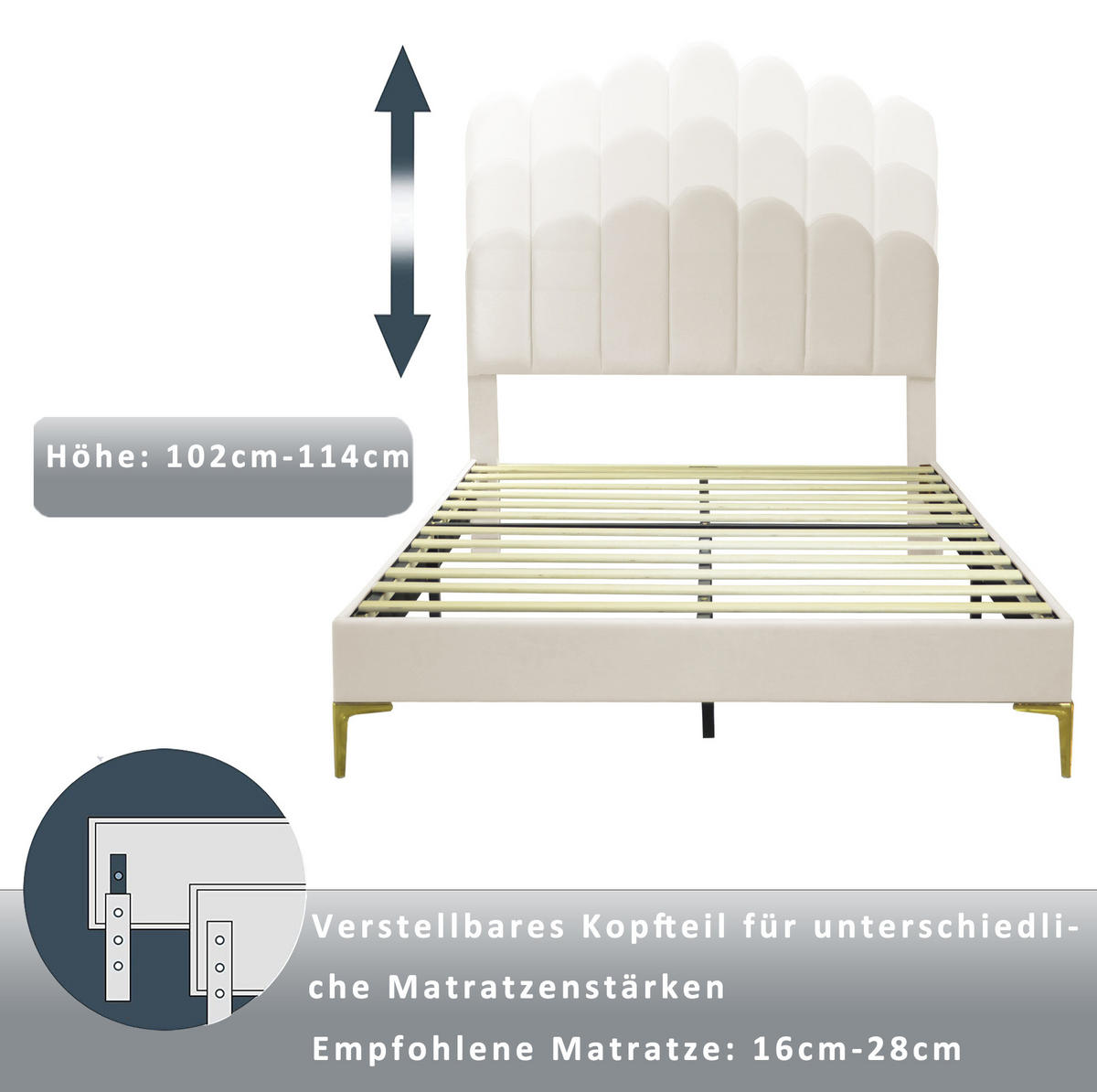 POLSTERBETT 140/200 cm Beige aus Samt mit verstellbarem Kopfteil - Beige, Holzwerkstoff (140/200cm) - OKMYHOME