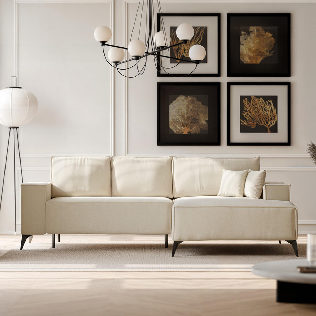 ECKSOFA OTIS Rechts, mit Schlaffunktion und Bettkasten, Creme - Creme, Textil/Metall (294/185cm) - Idohome
