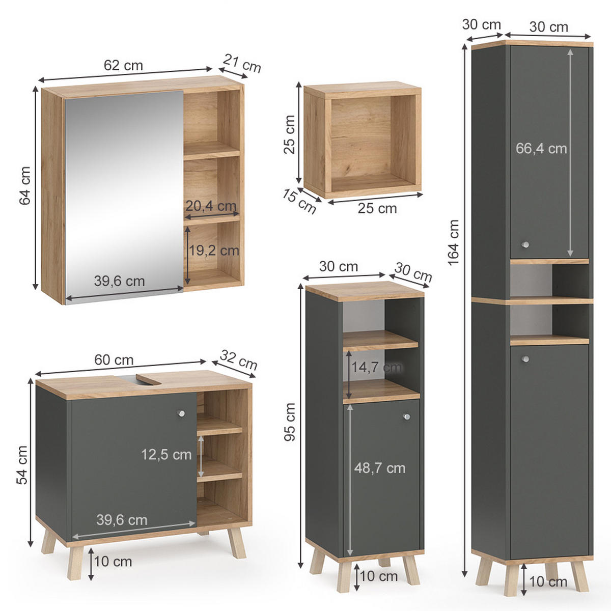 BADMÖBEL-SET Senyo Anthrazit 5 Teile, mit Hochschrank - Honigeiche/Anthrazit, Holzwerkstoff (62/54/32cm) - Vicco