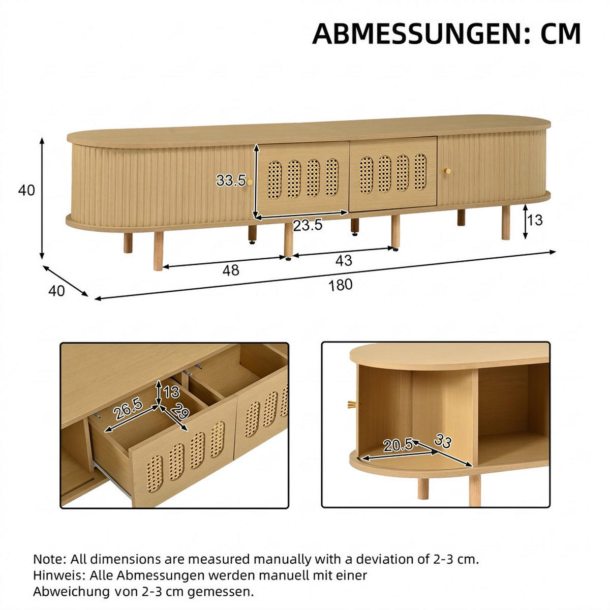 TV-SCHRANK 180/40/40 cm Helles Holz mit Rattan, 2 Türen und 2 Rolltüren - Naturfarben, Holzwerkstoff (180/40/40cm) - Oxeza