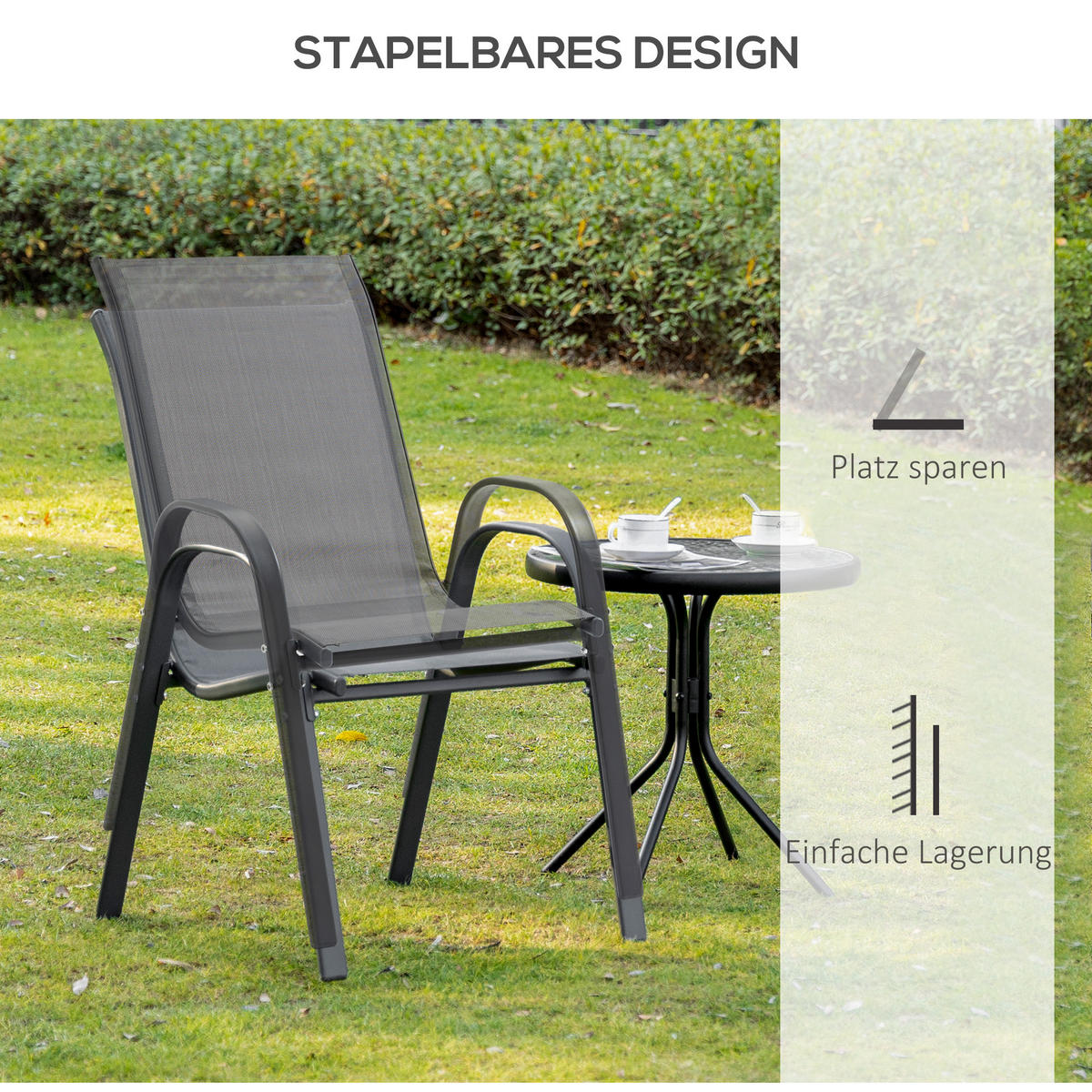 GARTENSTUHL, Essstühle, 2er-Set, mit Armlehne, Metall, Textil-Gewebe, Grau - Grau, Textil/Metall (54/90/70cm) - Outsunny
