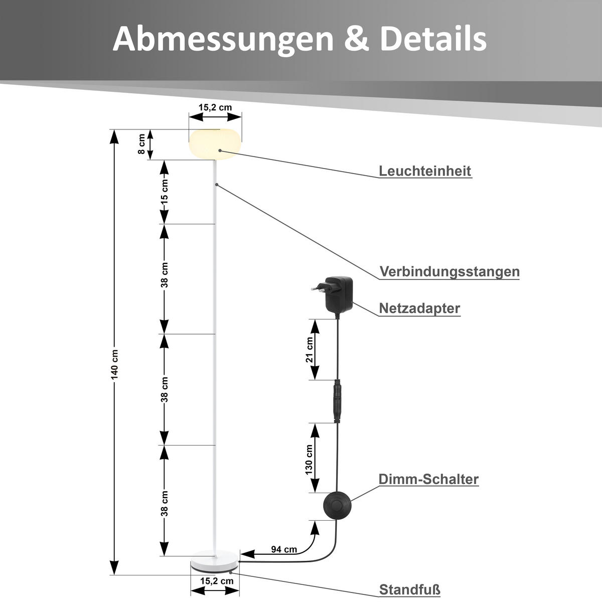 LED-DESIGN-STEHLEUCHTE stufenlos dimmbar Trittschalter 3000K 140cm hoch Metall Wolke Weiß - Weiß Hochglanz, Metall (15/15/140cm) - Elblight.de