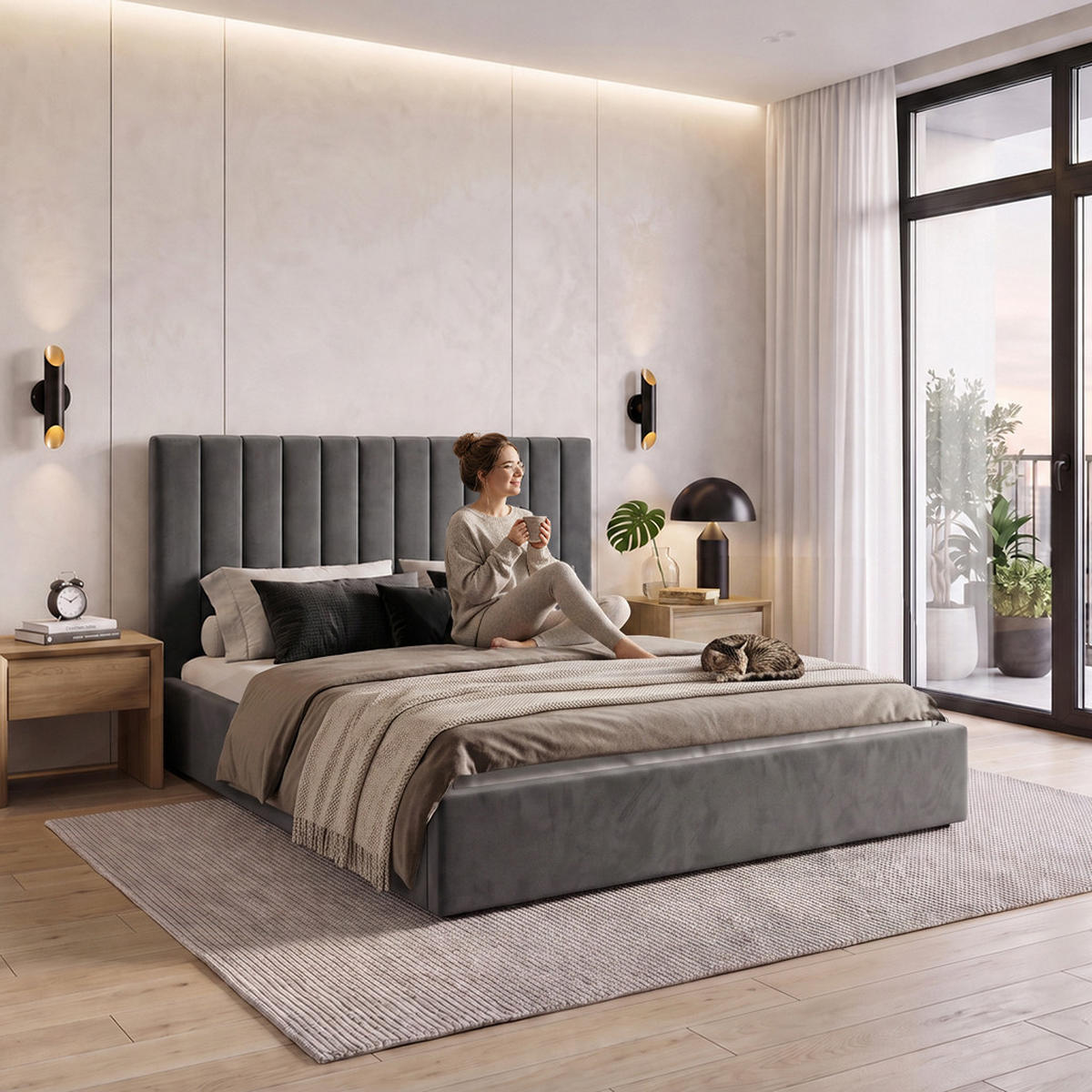 ČALOUNĚNÁ POSTEL Melvio, dvojlůžko 180 × 200 cm s úložným prostorem a pěnovou matrací 10 cm, tmavě šedá - tmavě šedá, textil (180/200cm) - Beautysofa