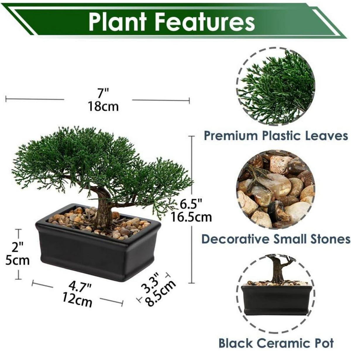 KUNSTBONSAI Zeder mit Keramik-Übertopf Schwarz 16.5 cm - Schwarz, Kunststoff (16.5cm)
