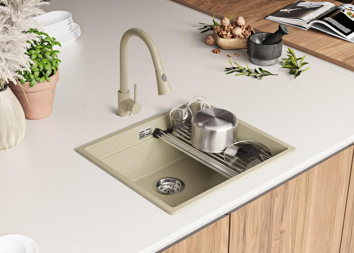 GRANITSPÜLE Praga Slim, 2-er set Beige 56/47 cm 1 Becken + Küchenarmatur 40/20 cm + Ablauf-Set + Aufrollbare Abtropffläche ab 60er Unterschrank - Chromfarben/Beige, Kunststoff (56/20/47cm) - Primagran