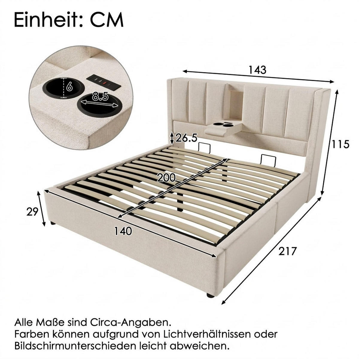 POLSTERBETT 140/200 cm Beige mit verstecktem Becherhalter und Ladestation (Ohne Matratze) - Beige, Textil (140/200cm) - Oxeza