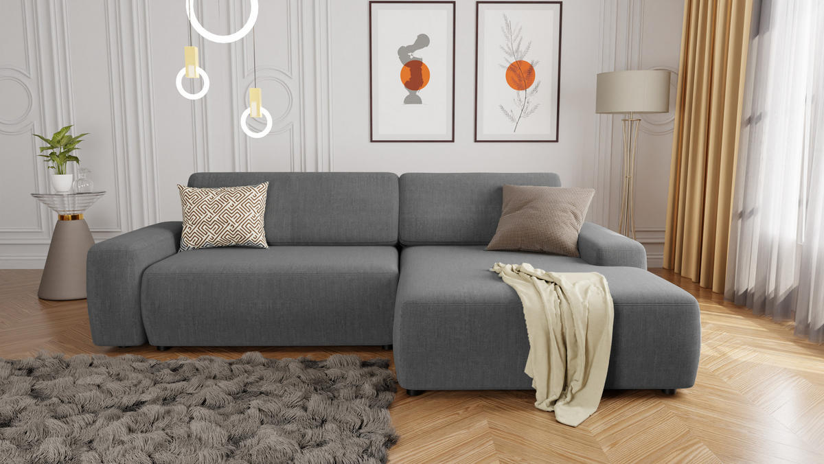 ECKSOFA Lopez Grau Samt-Stoff - Schwarz/Grau, Holz/Kunststoff (264/162cm) - S-Style Möbel
