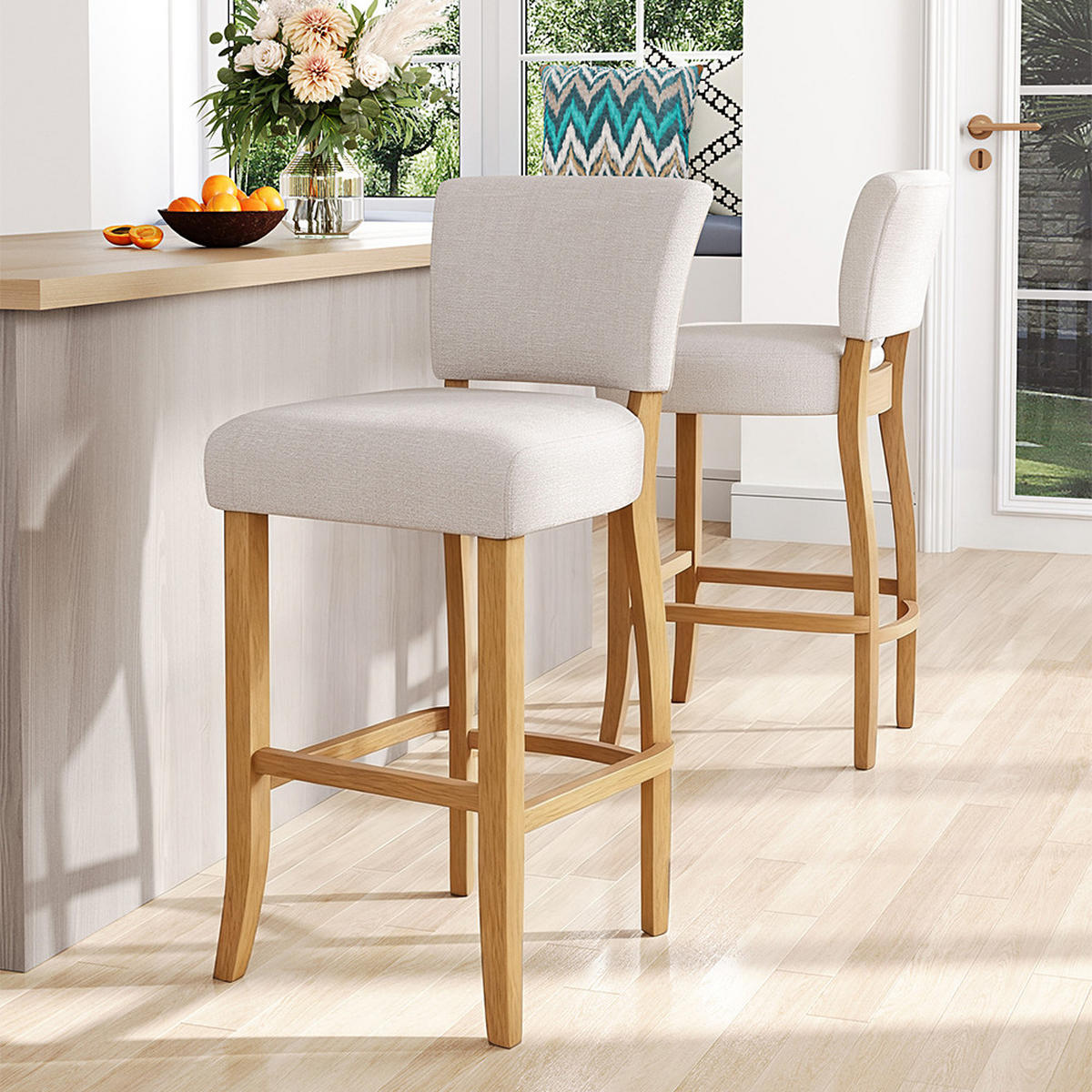 BARHOCKER 47/52.5/105.5 cm 2er-Set Rückenlehne Massivholzrahmen Leinen Beige Braun - Beige/Braun, Holz/Textil (47/105.5/52.5cm) - Livingandhome