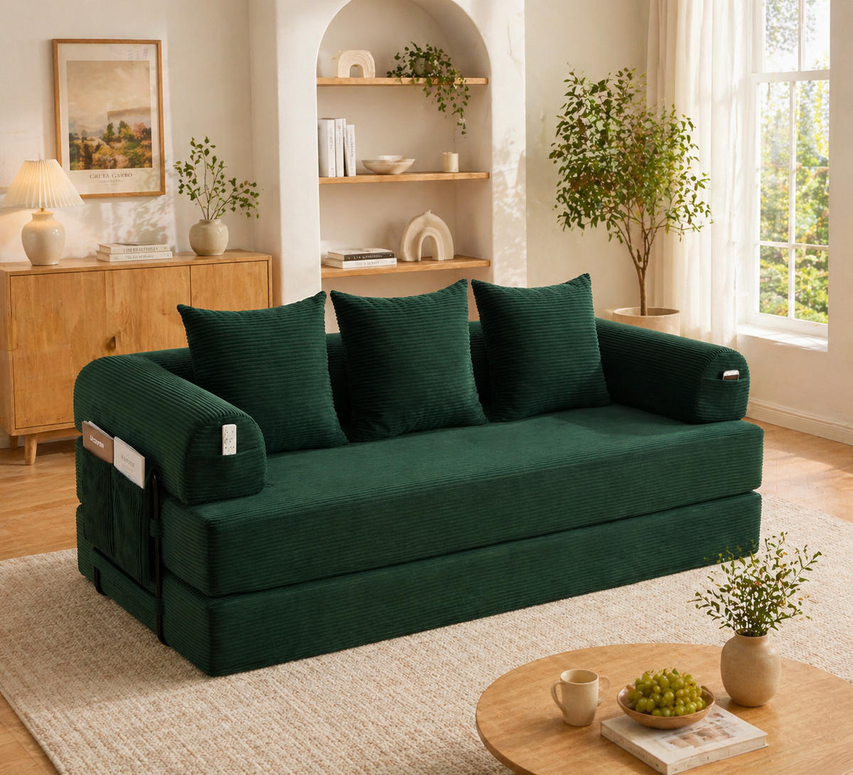 SOFA 200/94/67 cm aus Cord mit Metallgestell und 3 Kissen Emerald - Smaragdgrün, Textil (94/67/200cm) - Modenvie