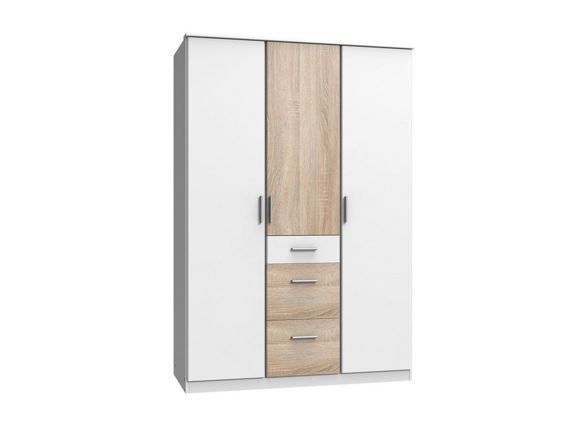 KLEIDERSCHRANK Joker in Weiß Eiche Sägerau - Drehtürenschrank 3 türig - Weiß, Holzwerkstoff (135/199/58cm)