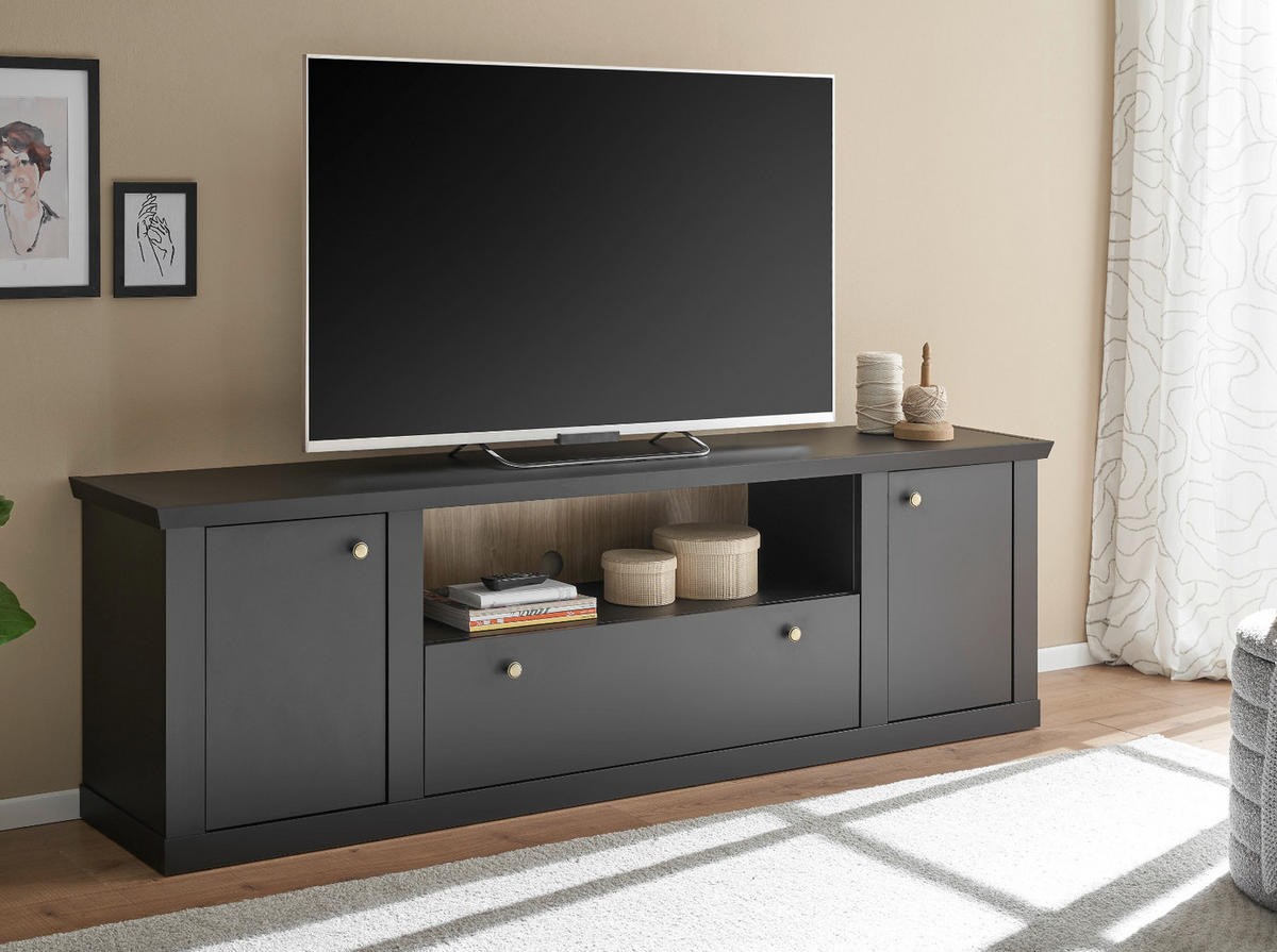 TV-LOWBOARD schwarz matt, Eiche Landhaus 205 cm, TV Unterteil mit Soft-Close - Eichefarben/Messingfarben, Holzwerkstoff/Metall (205/62/42cm) - Furn.Design