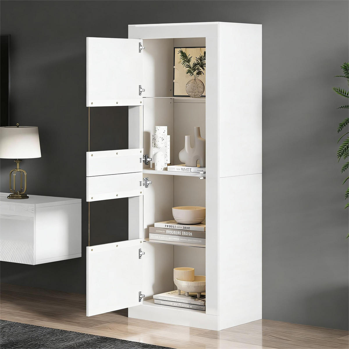 VITRINE mit LED Beleuchtung Verstellbaren Glasböden Hochschrank mit Acryltüren Wohnzimmer Weiß 61x42x162 cm - Weiß, Glas/Holzwerkstoff (61/162/42cm) - EVRYAE