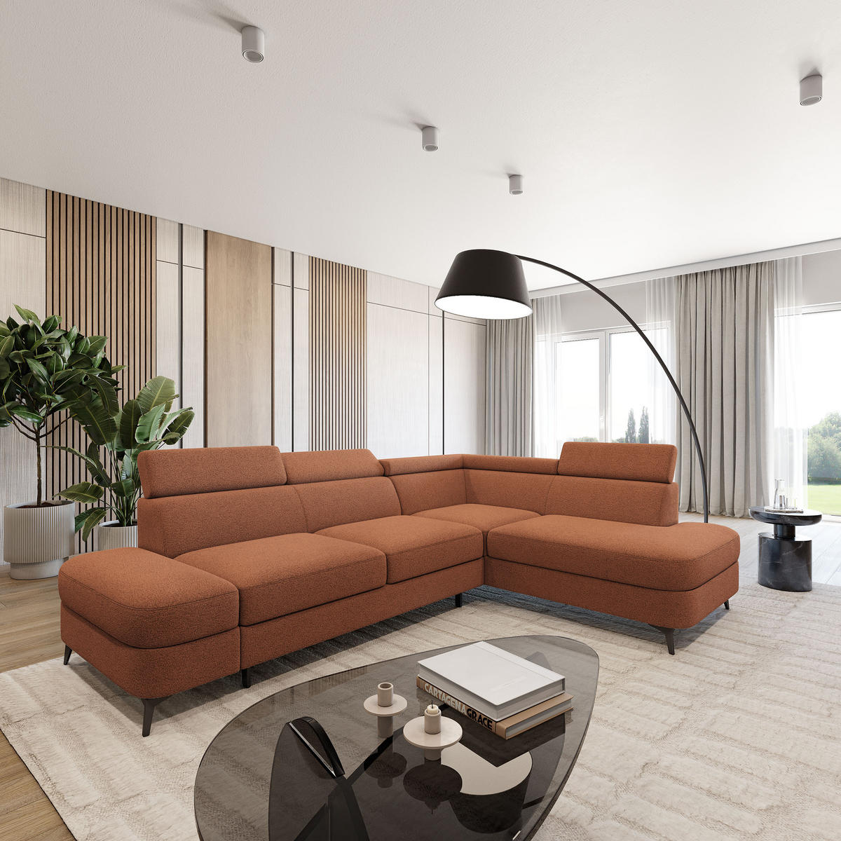 ECKSOFA AVISE Q R-S Orange Boucle-Stoff mit Schlaffunktion - Orange, Holzwerkstoff/Textil (268/195cm) - MASSENO