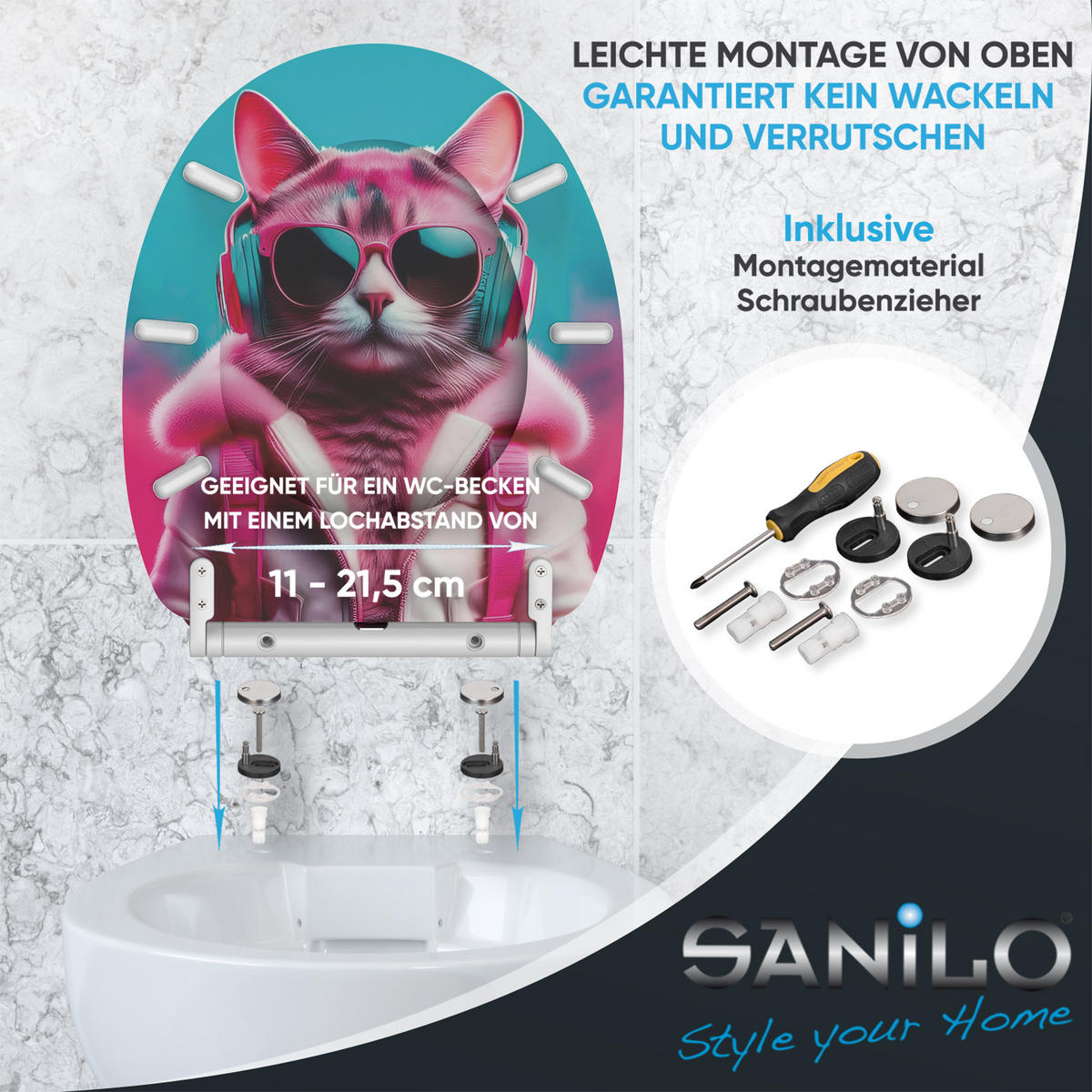 WC-SITZ mit Absenkautomatik & Top Fix Neon Cat - Pink, Holzwerkstoff (37.7/5/48cm) - Sanilo