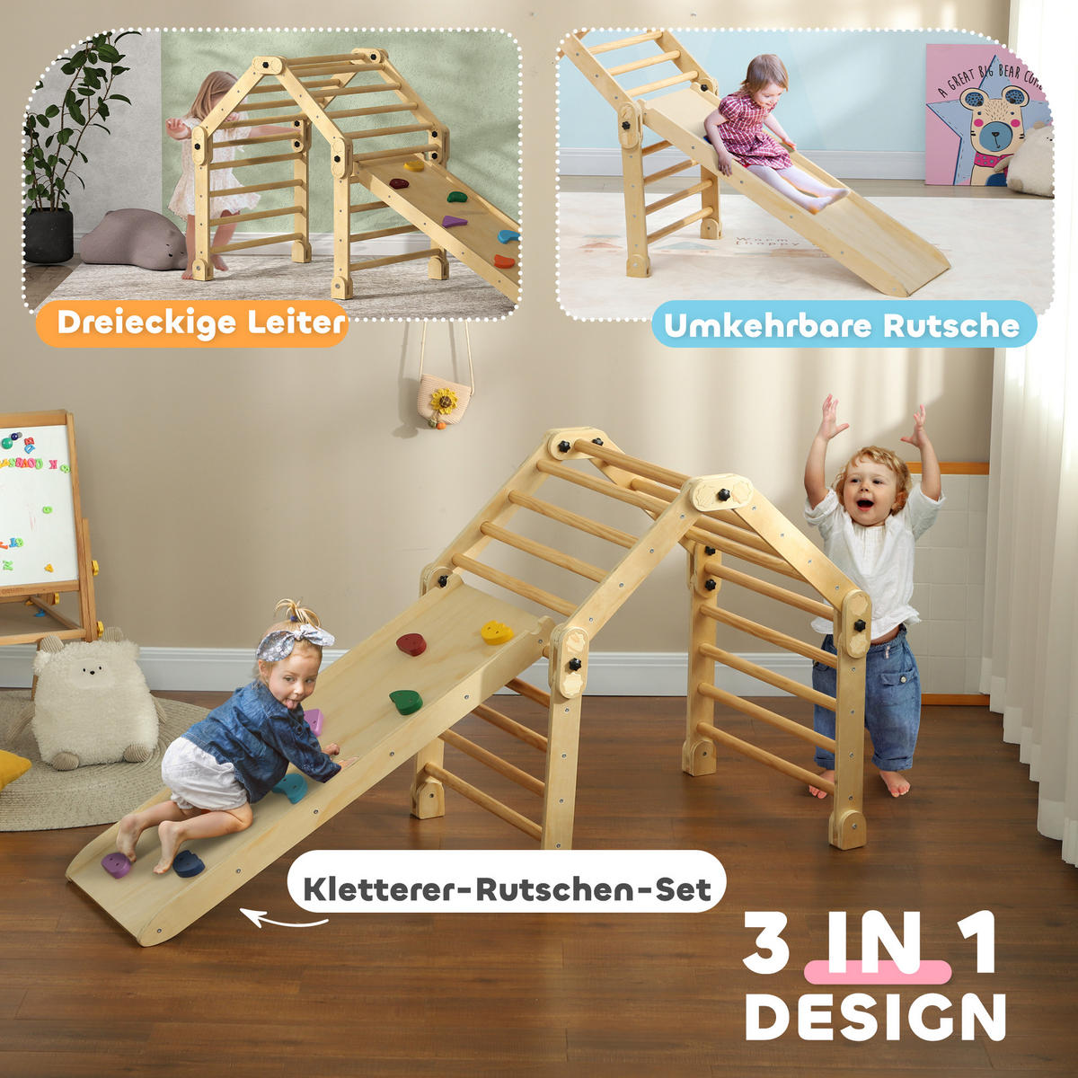 3 in 1 Klettergerüst Set mit Rutsche, Kletterdreieck zum Rutschen und Klettern - Multicolor, Holzwerkstoff (70/59/175cm) - AIYAPLAY