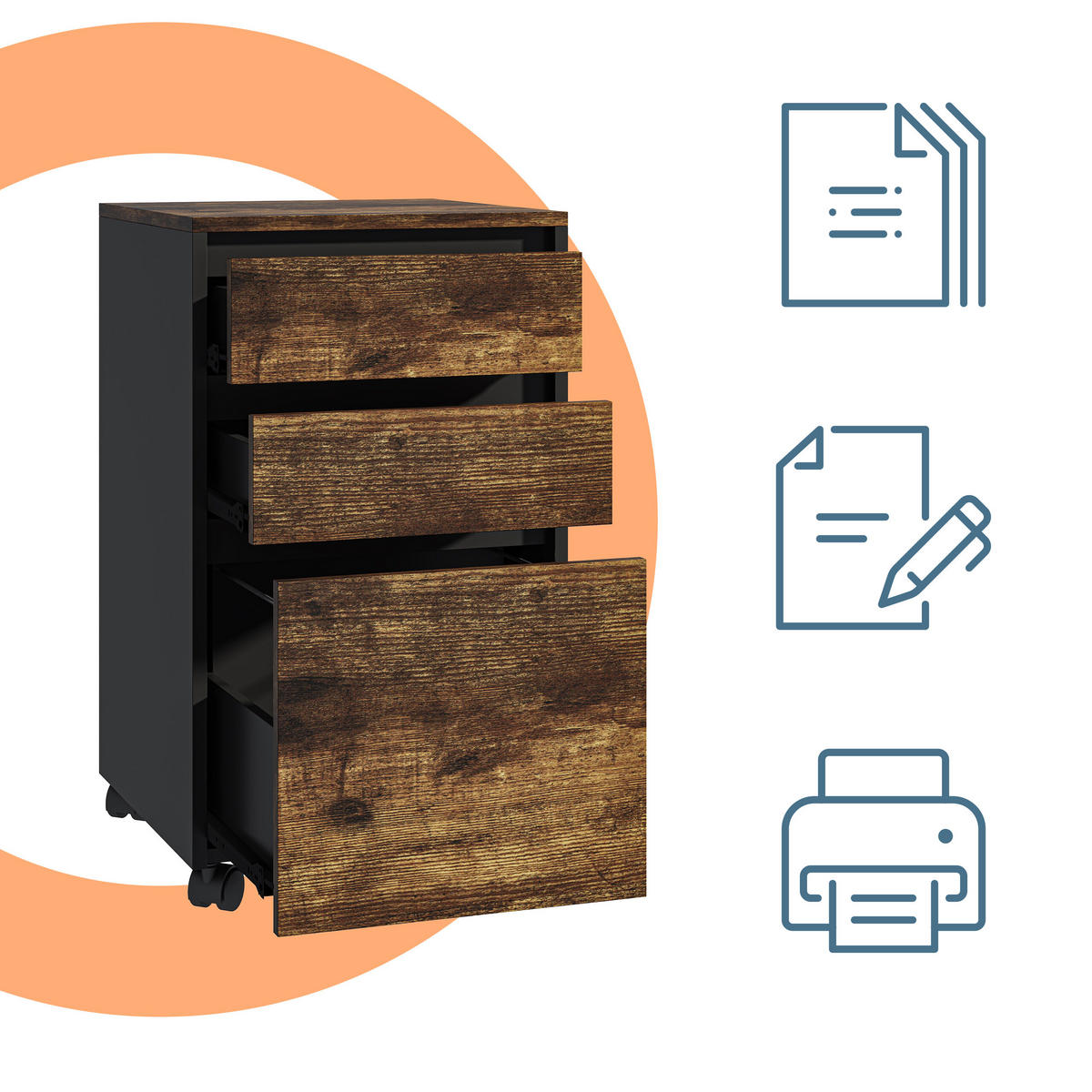 ROLLCONTAINER - Schwarz, Holzwerkstoff/Kunststoff (40/70/40cm) - Relaxdays