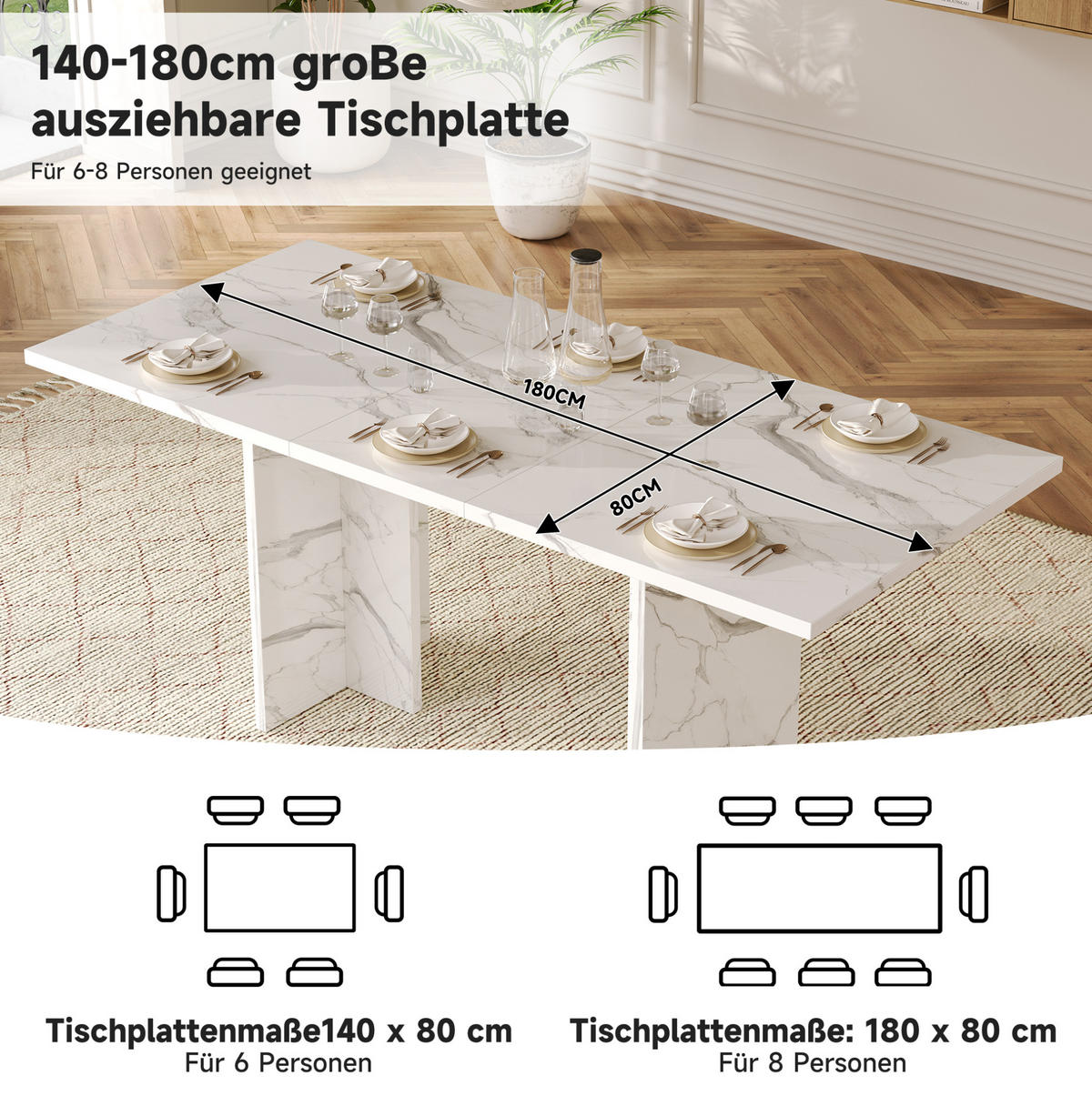 ESSTISCH aus MDF 180x80x75 cm Weißer Marmor ausziehbar für 6-8 Personen mit 30 mm starker Tischplatte - Weiß, Holzwerkstoff (180/80/75cm) - Modfu