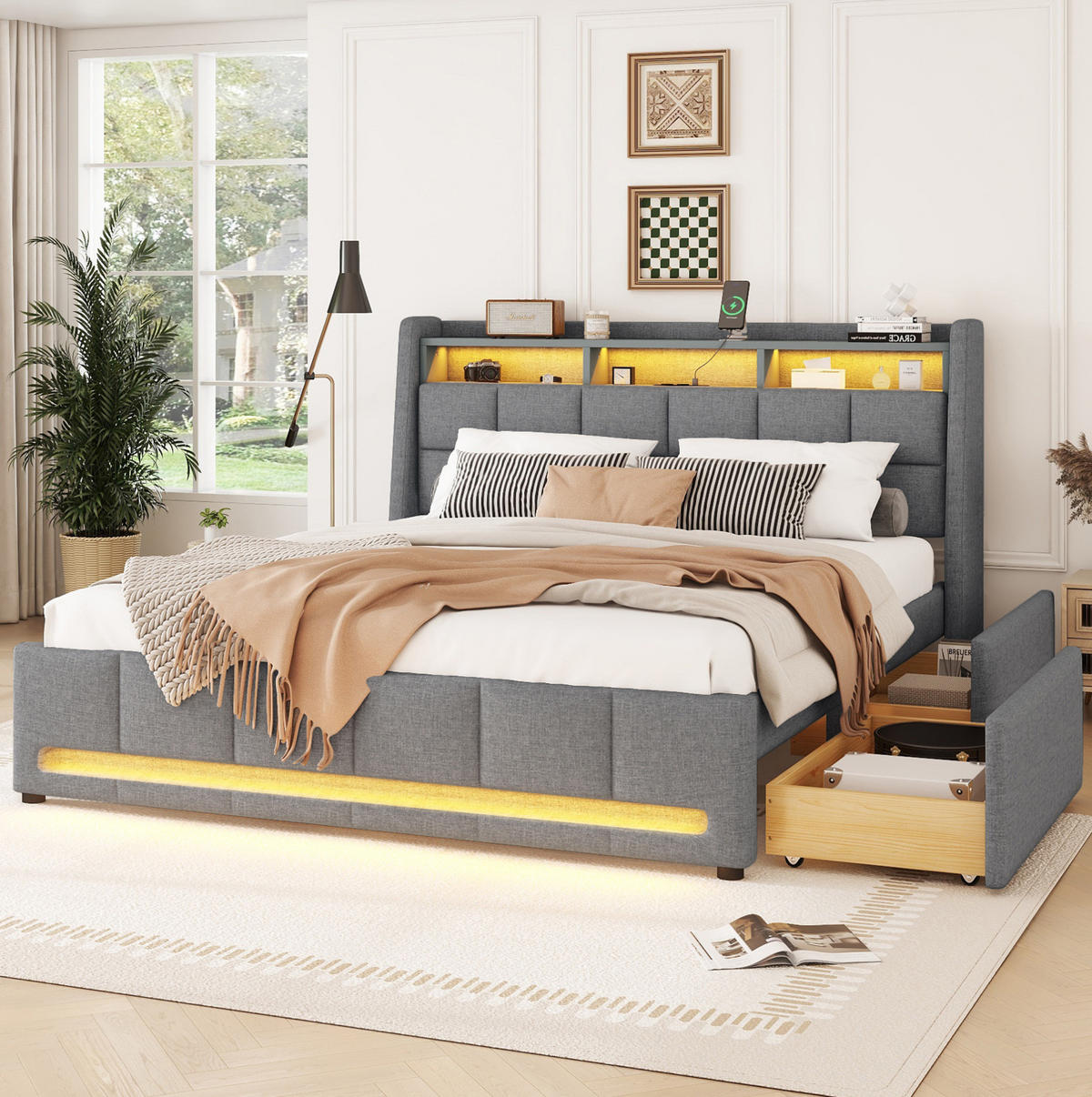 POLSTERBETT aus Leinen und MDF 140x200 cm Grau mit LED-Beleuchtung, USB-Anschluss und Schubladen - Grau, Textil (140/200cm) - IVMEU