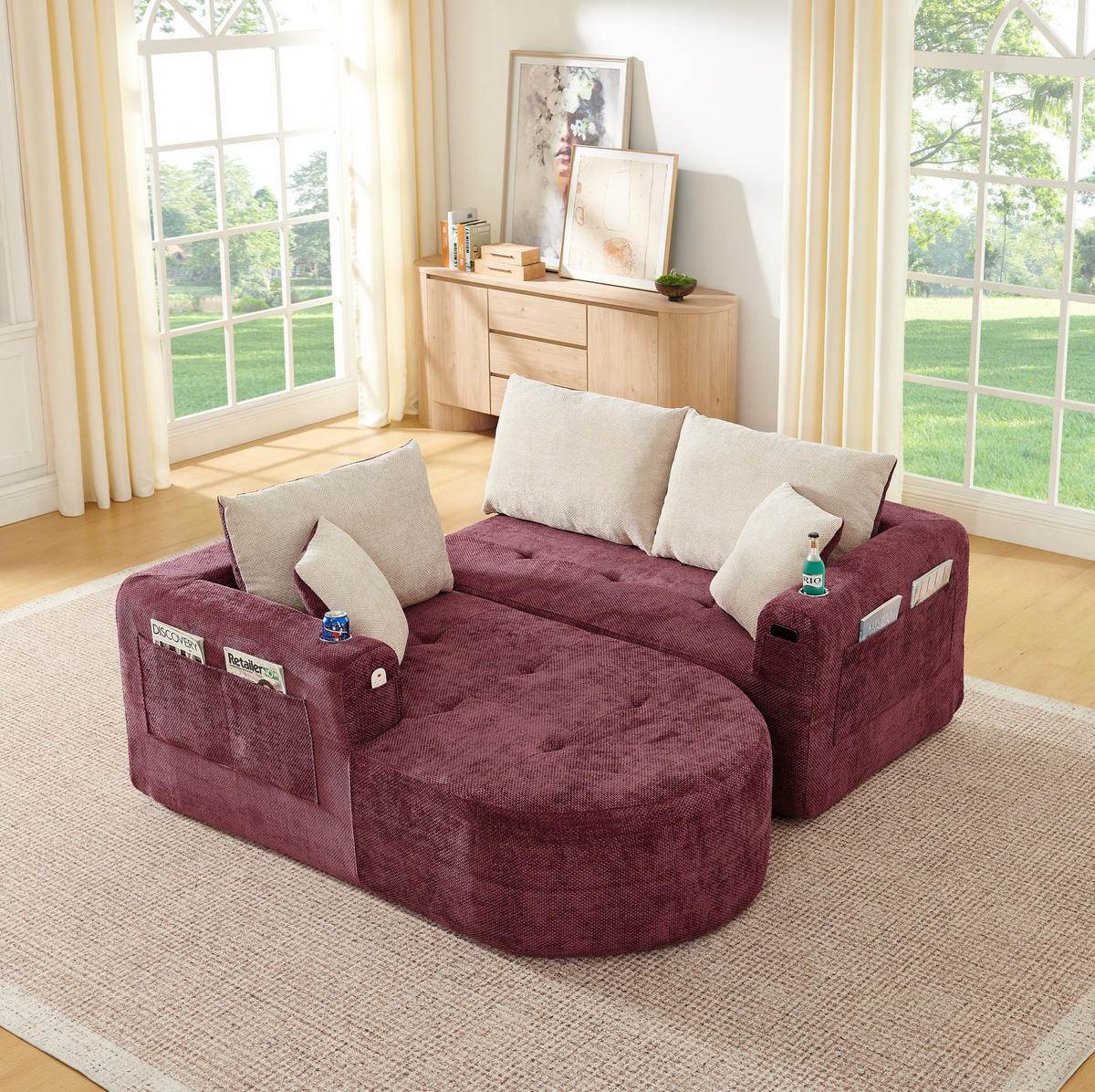 ECKSOFA in L-Form mit Edelstahl-Becherhalter, Seitentaschen und montagefreiem Design, Bordeauxrot - Bordeaux, Textil (255/170cm) - Redom