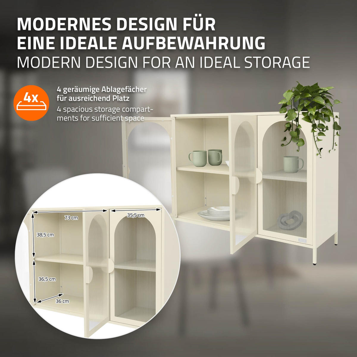 VITRINENSCHRANK aus Stahl 120x93x40 cm Creme mit 3 Türen - Creme, Metall (120/93/40cm) - ML-DESIGN