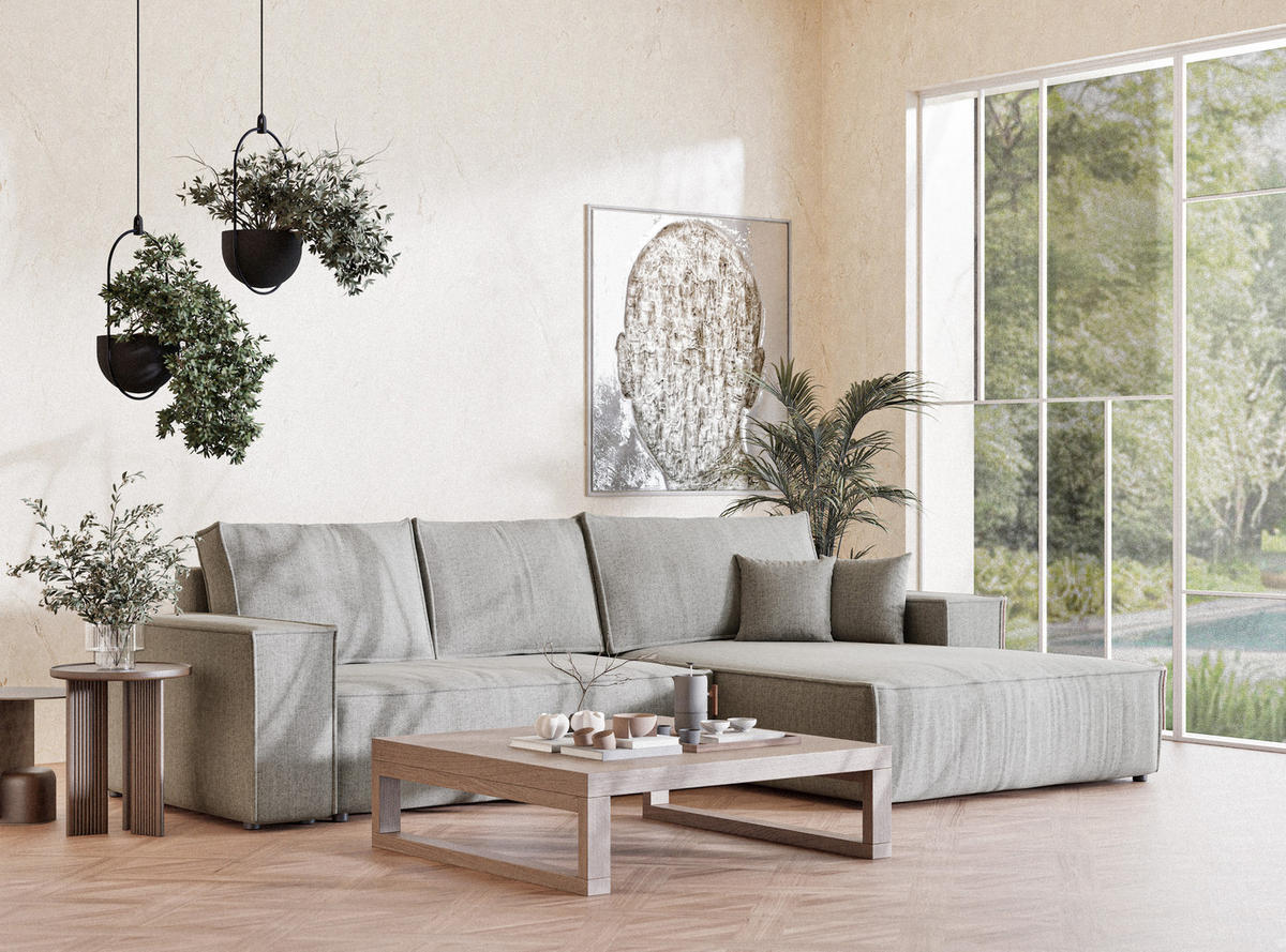 ECKSOFA Maze Beige grau Webstoff - Rechts Seite - Greige/Schwarz, Holz/Holzwerkstoff (294/185cm) - Maison de Reve