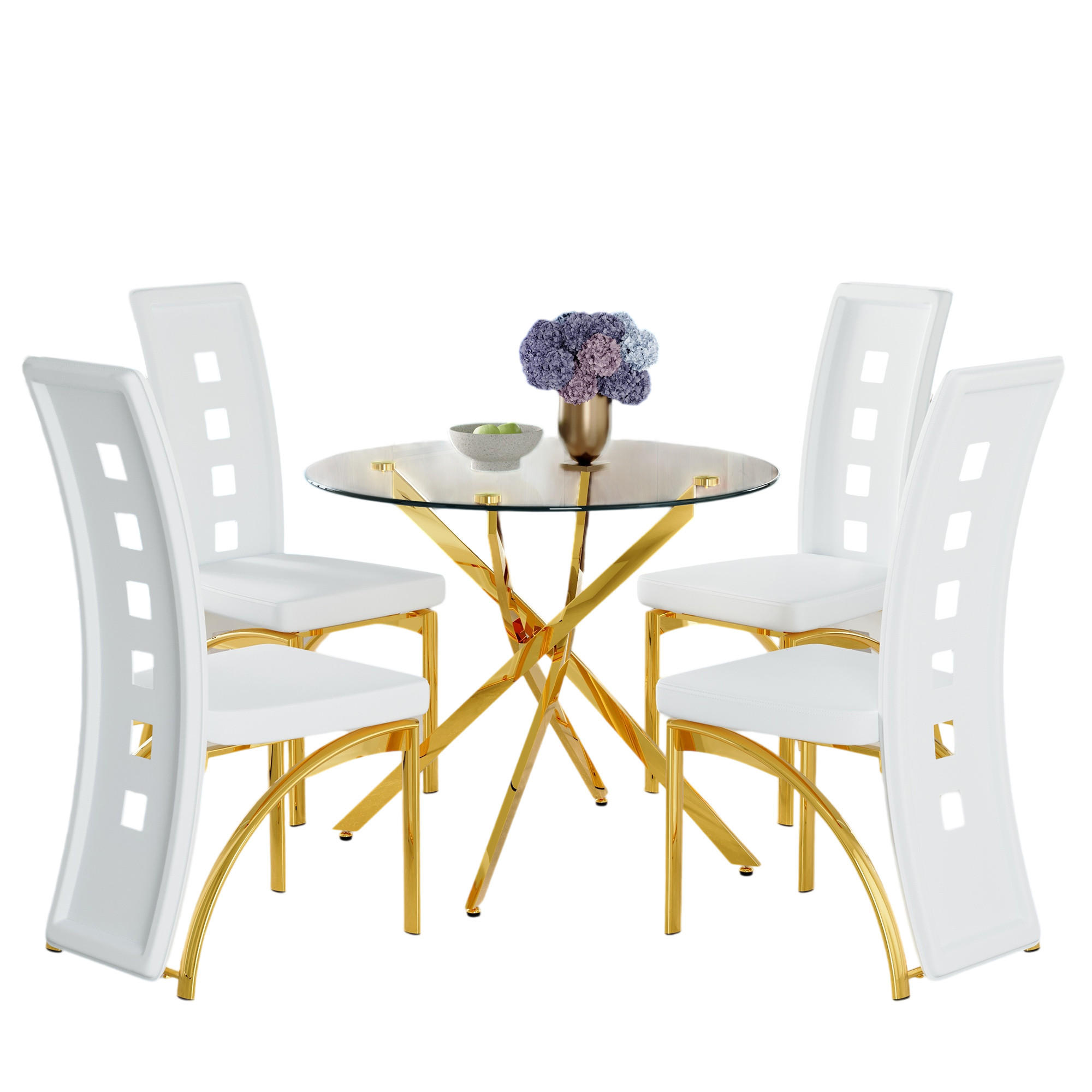 ESSGRUPPE DE-39452 5-teilig, Glastisch und 4 Stühlen mit Lochmuster Weiß/Gold - Goldfarben/Weiß, Metall (88/75/88cm) - ComfortXL