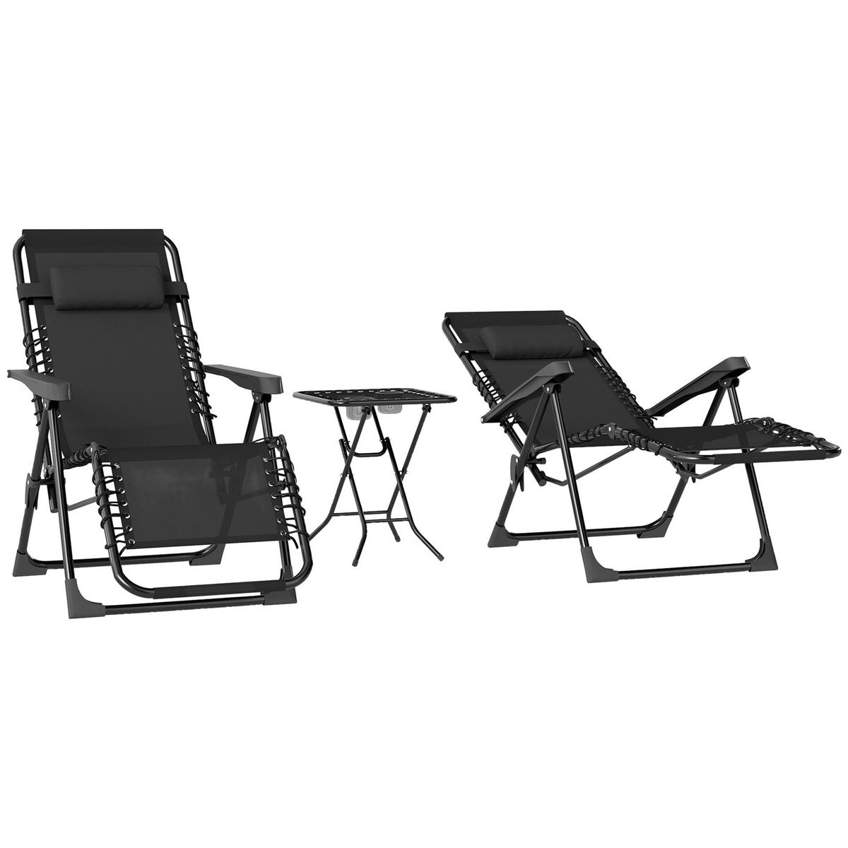 SONNENLIEGE Set mit 2 Zero-Gravity-Klappliegen mit verstellbarer Rückenlehne und Tisch,90*65*110 cm,,Schwarz - Schwarz, Metall (65/110/90cm) - Vallsero