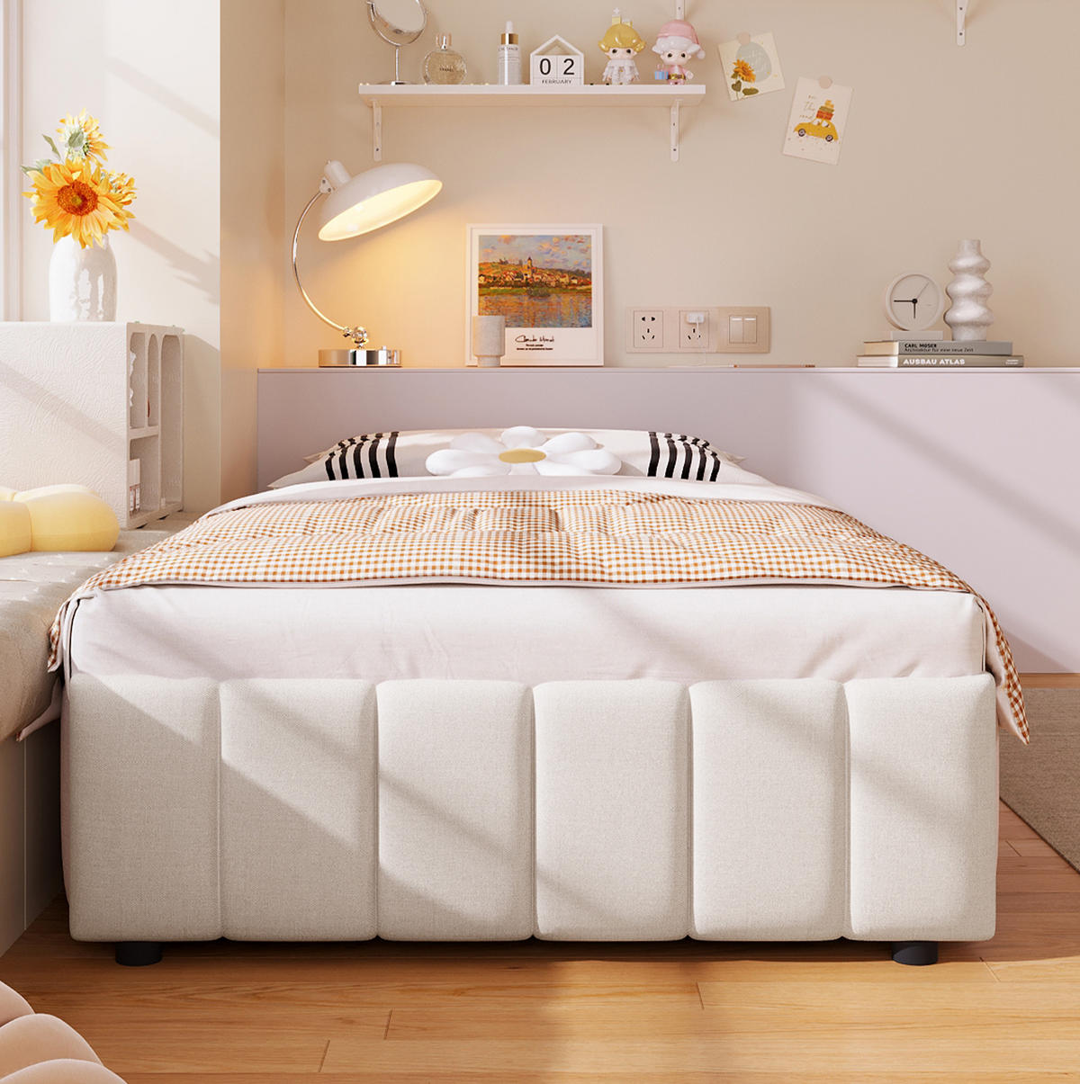 POLSTERBETT aus Leinen 90x200 cm Beige mit hydraulischem Bettkasten und kopfteillosem Design - Beige, Textil (90/200cm) - Modfu