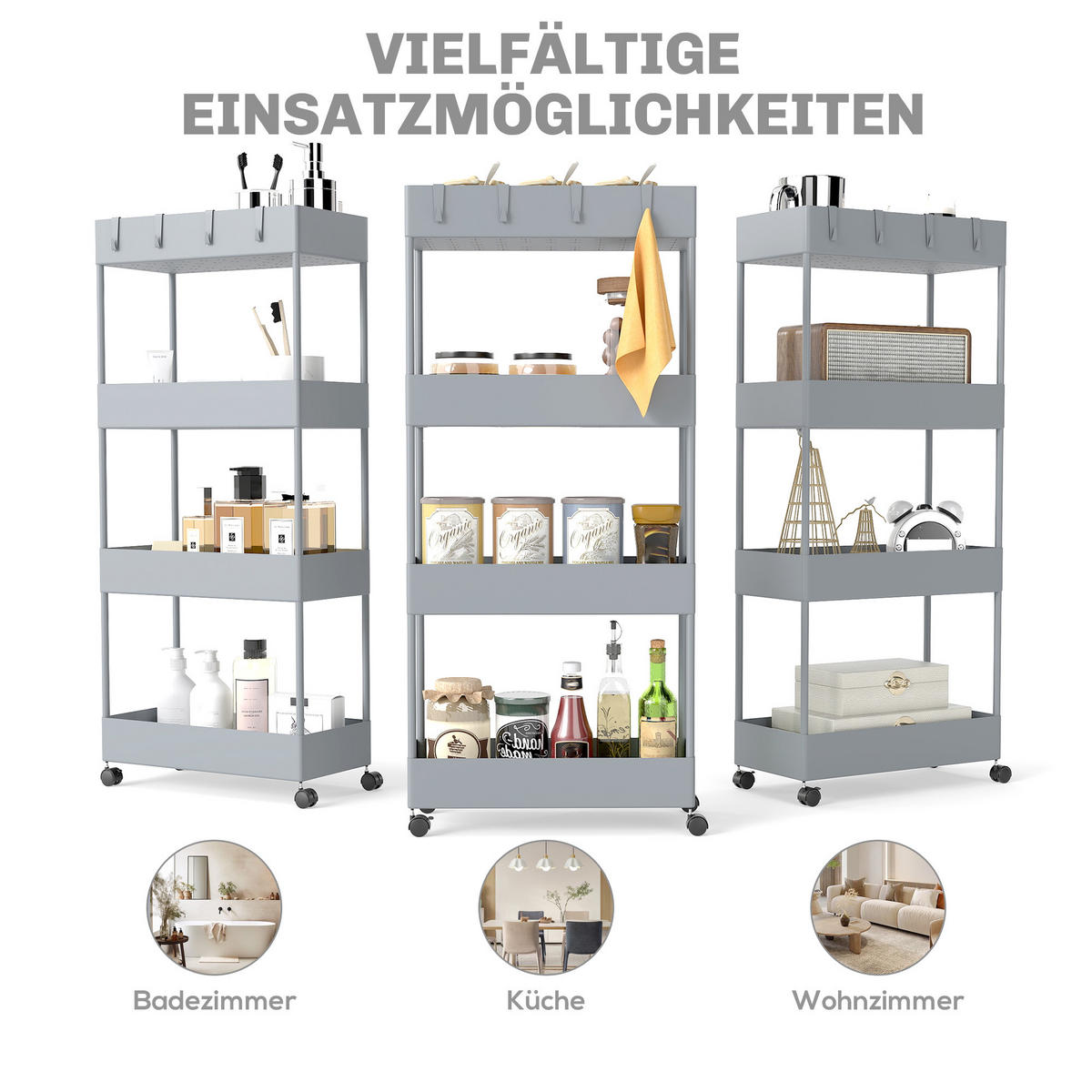 ROLLWAGEN mit 4 Ebenen, Kunststoff, Grau, 40 x 19 x 90 cm - Grau, Metall (40/90/19cm) - HOMCOM