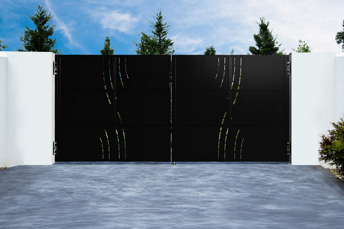 STAHLFLÜGELTOR Nali Veleta Mattschwarz 3,5m H.160cm + 2 STAHLPFOSTEN Dario 8x8 H.230cm - Schwarz, Metall (293/160cm) - Casanoov