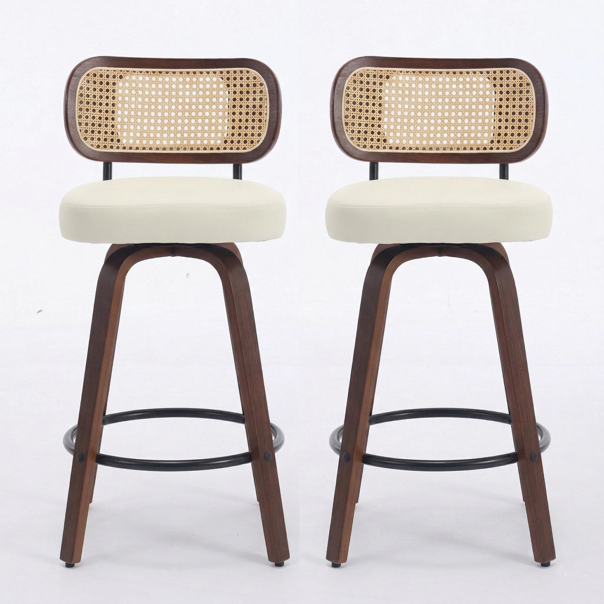 BARHOCKER SET 2 STK. 90 cm Walnuss & Beige Drehbare Rattan Barstühle mit Polstersitz - Beige, Leder (56/90/43cm) - Urban Meuble