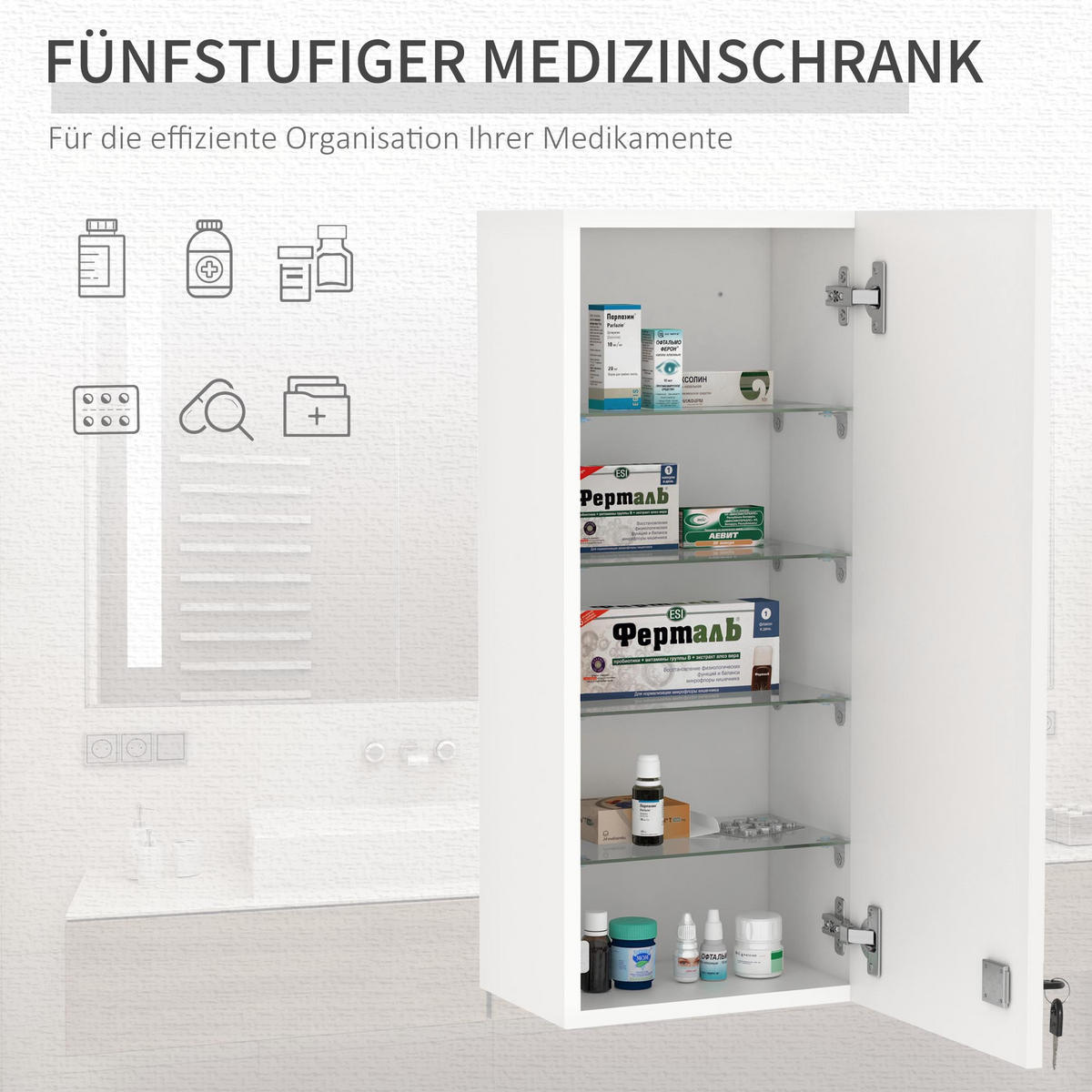 MEDIZINSCHRANK mit verstellbarer Ablage, abschließbar, für Badezimmer, Weiß - Weiß, Glas (20/70/30cm) - Kleankin