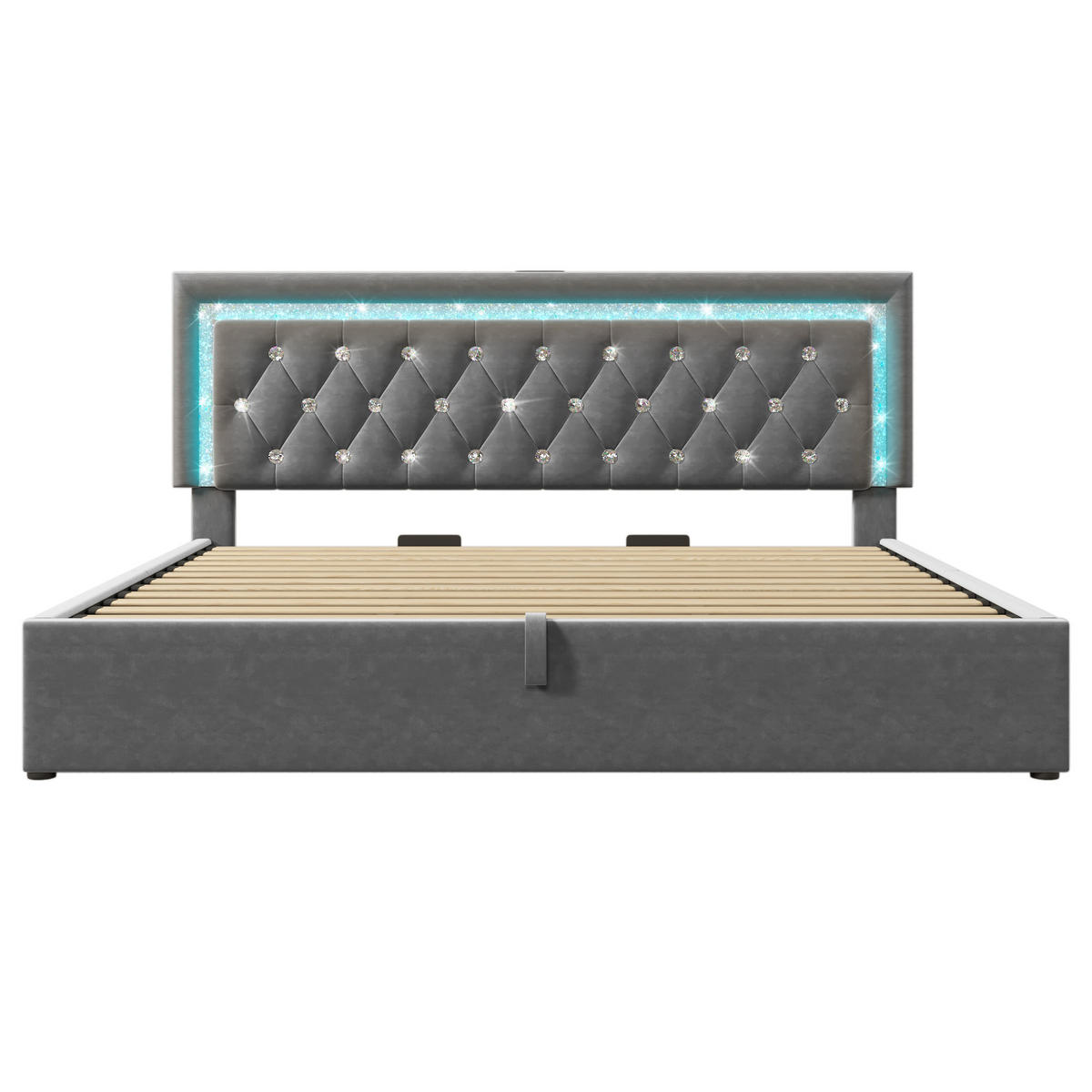 POLSTERBETT 180/200 cm Grau mit LED-Diamantstreifen USB- und Type-C-Anschlüssen, hydraulischem Stauraum - Grau, Textil (180/200cm) - OKWISH
