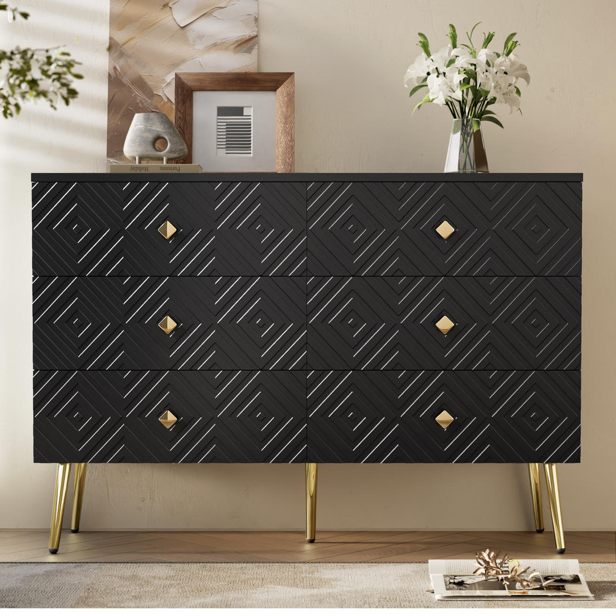SIDEBOARD mit 6 Schubladen und geometrischem Muster Schwarz - Schwarz, Holzwerkstoff (40/80/120cm) - Urban Meuble