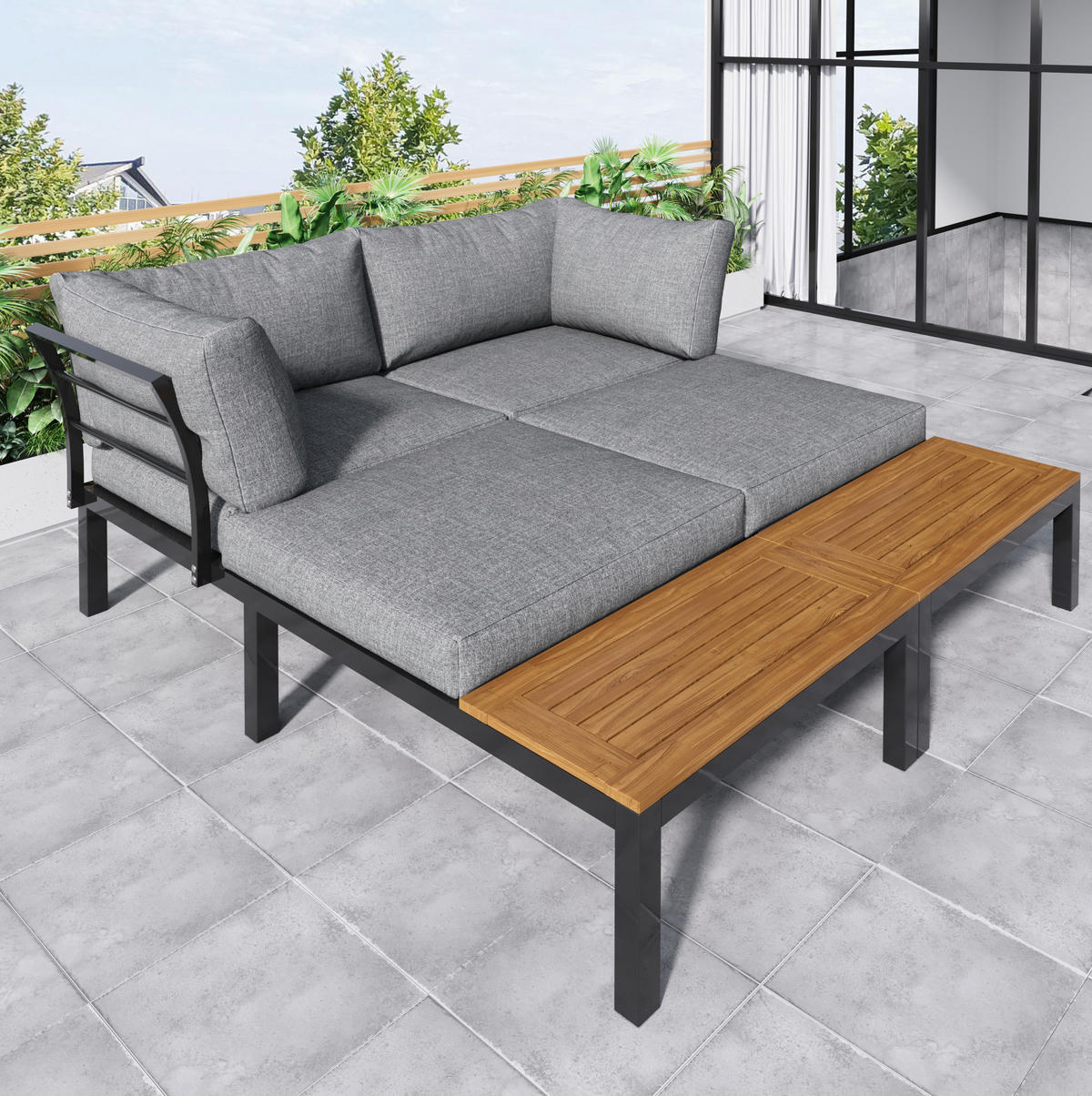 GARTENMÖBEL 120x60x66cm grau aus Stahl und Akazie, mit Kissen - Grau, Metall - Modfu