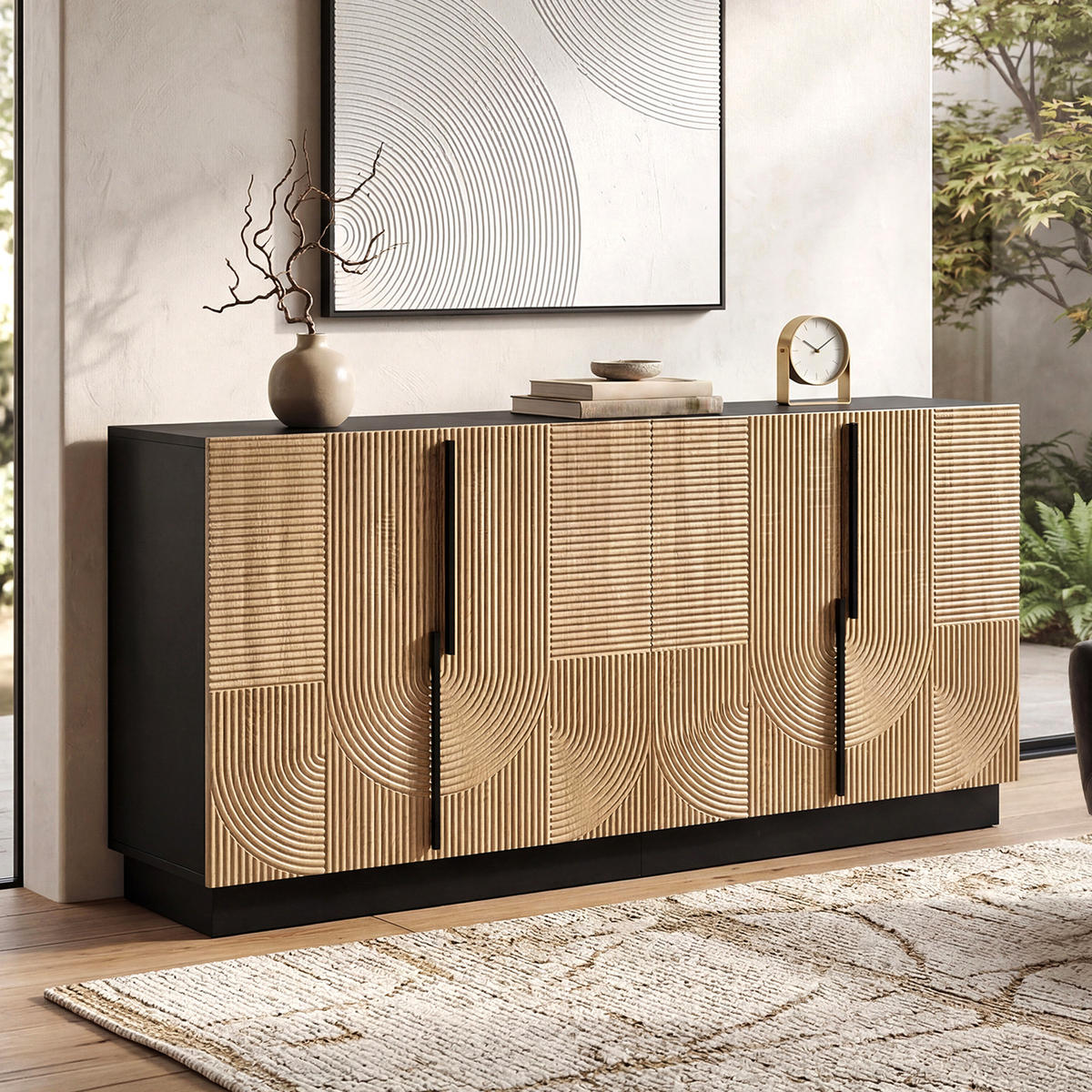 SIDEBOARD 4 Türen Relieffront Metallgriffe MDF Schrank Modern - Multicolor, Holzwerkstoff (160/76/42cm) - FLIEKS