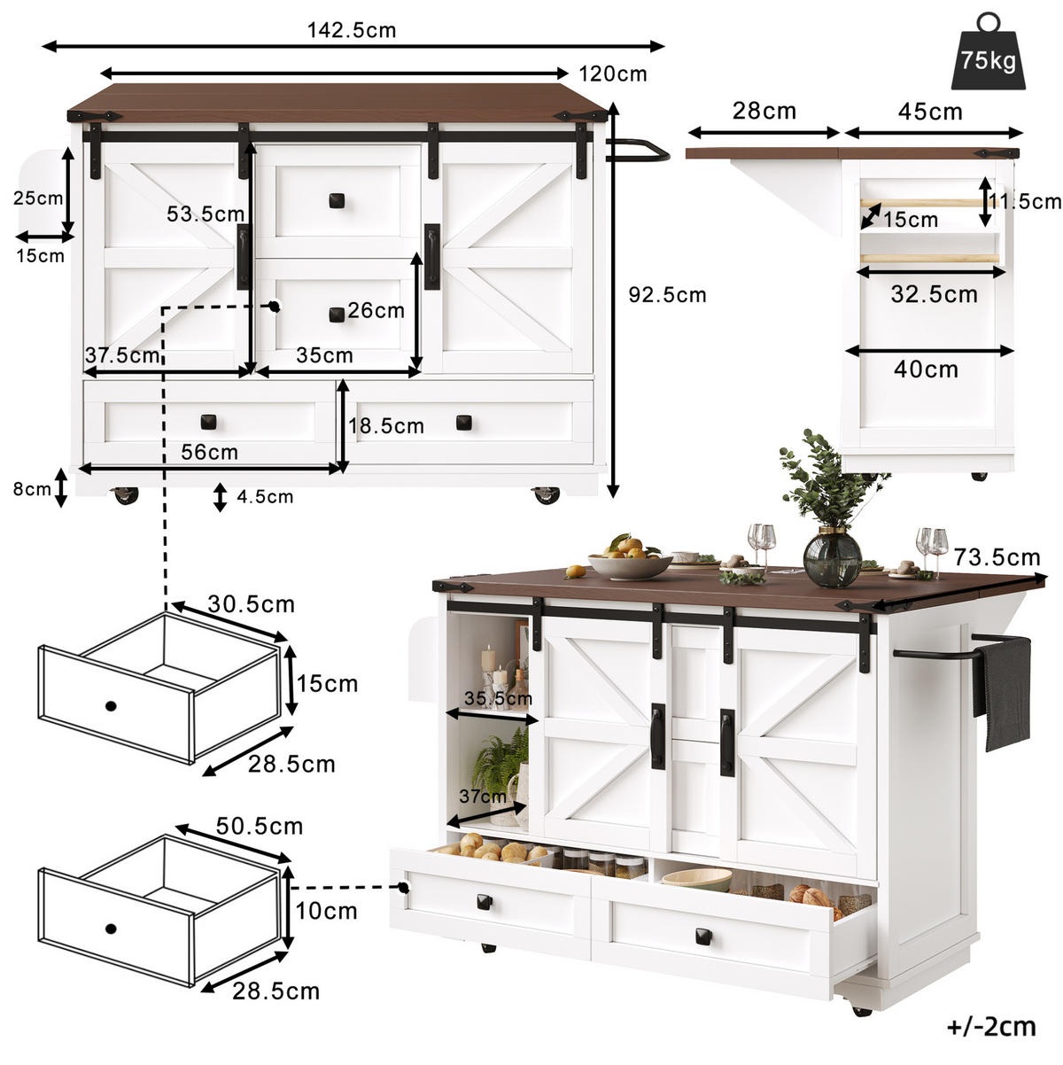KÜCHENINSEL 142,5/45-73/92,5 cm mit Klapptisch, Schiebetüren im BarnDoor-Design und Stauraum, Weiß, MDF/Metall - Weiß, Holzwerkstoff (142.5/92.5/45cm) - Redom