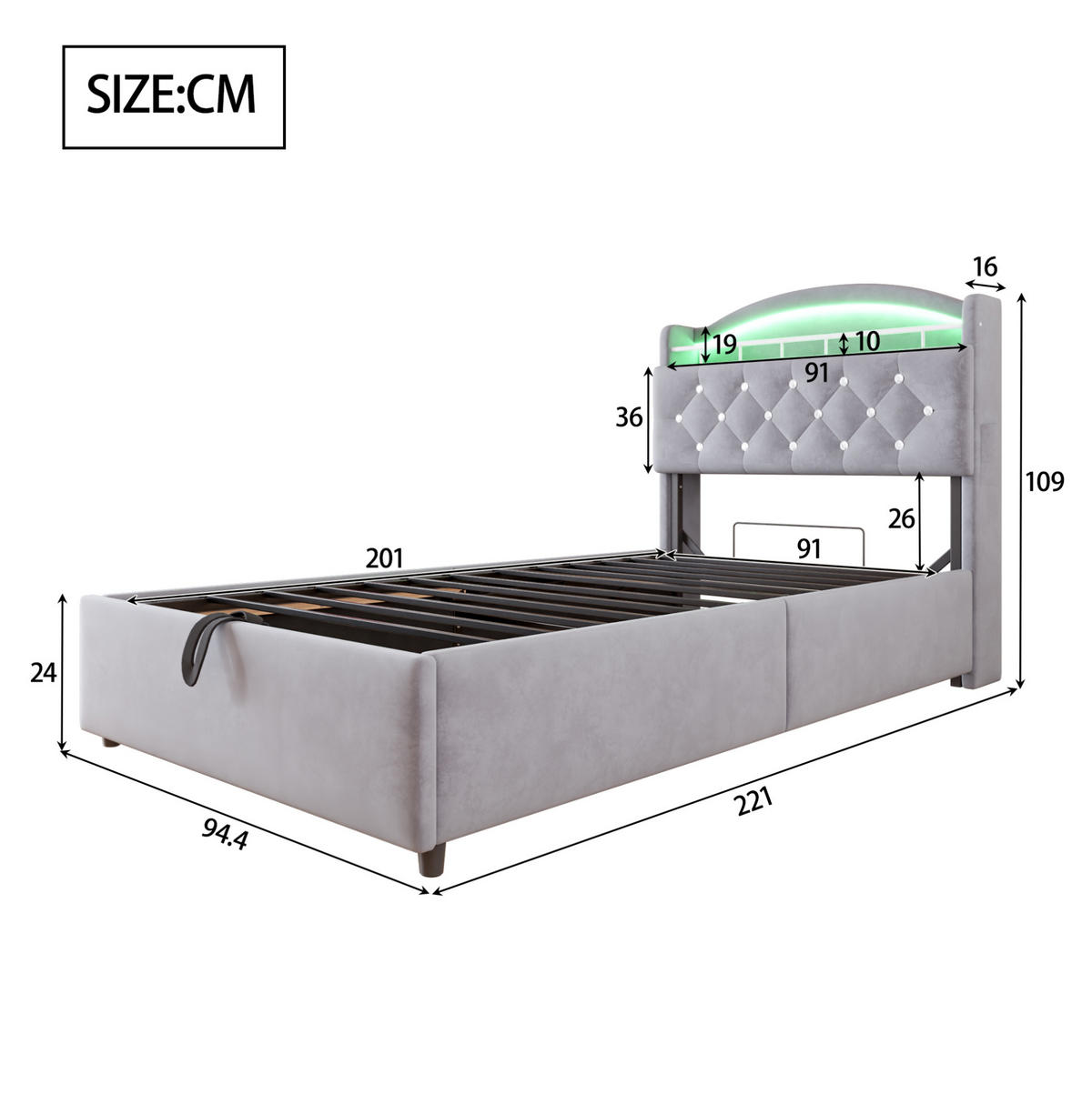 POLSTERBETT aus Samt 90x200 cm Grau mit LED-Beleuchtung, USB-C-Anschluss und Bettkasten - Grau, Textil (90/200cm) - Modfu