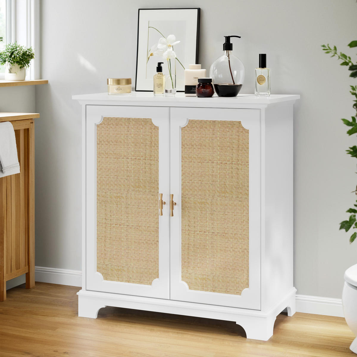 SIDEBOARD DE-38842 80/38/86 cm 2 Rattantüren und verstellbare Böden Natur - Weiß, Holzwerkstoff (80/86/38cm) - ComfortXL