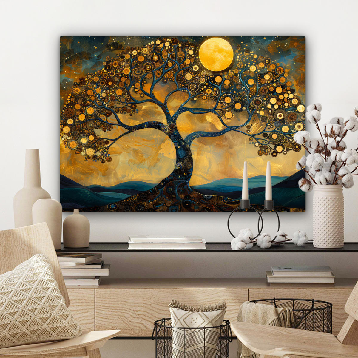 OBRAZ NA PLÁTNĚ Strom - Měsíc - Květiny - Zlato - Umění 80x60 cm - pomerančová, textil (80/60cm) - MuchoWow