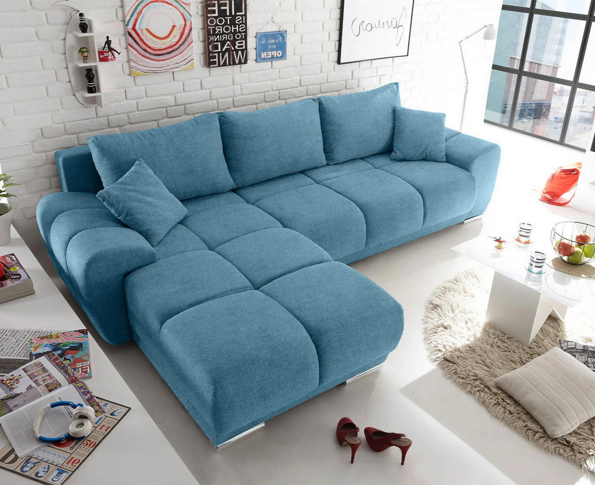 ECKSOFA beidseitig montierbar, Schlaffunktion mit Bettkasten - Chromfarben/Blau, Textil (289/189cm) - ed exciting design