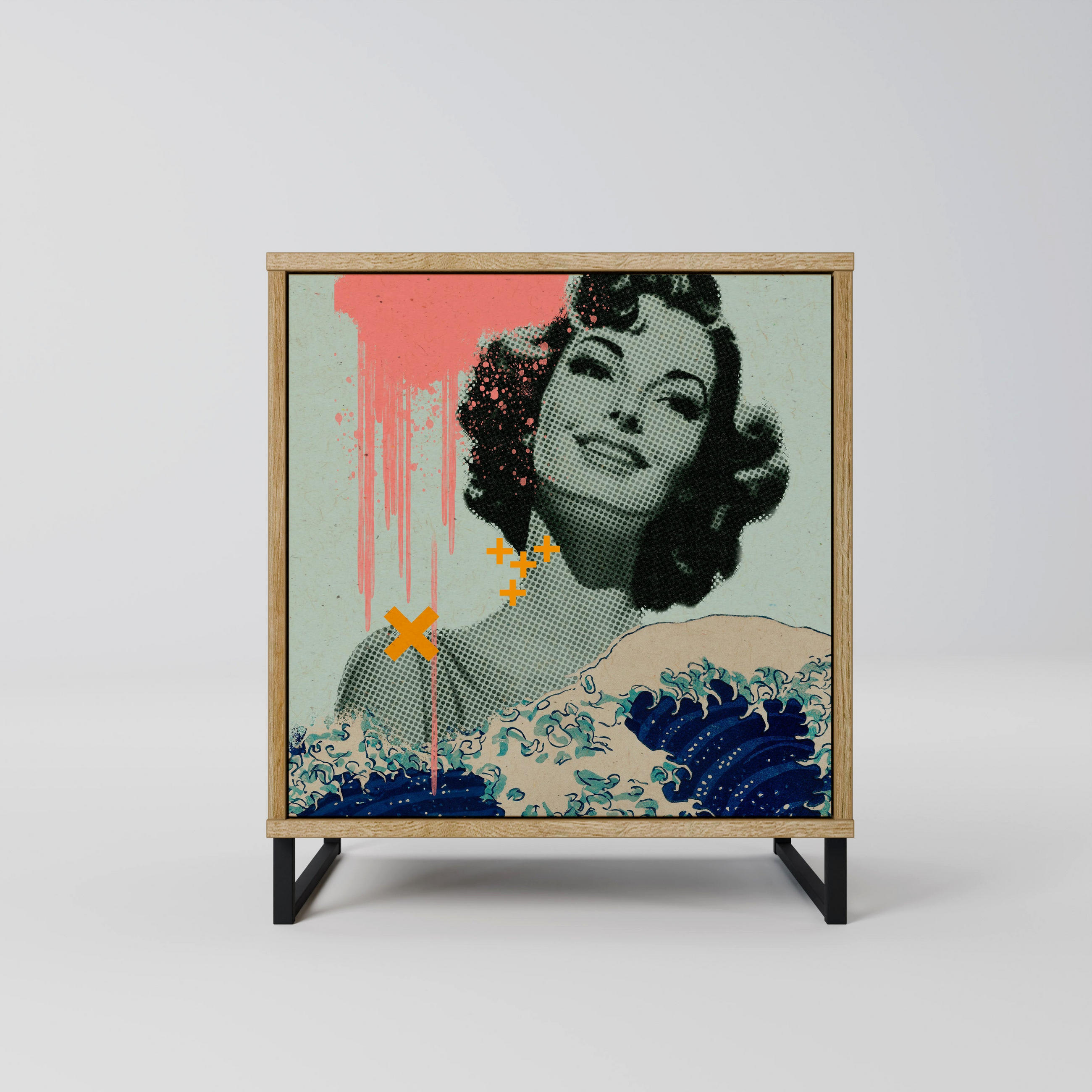 SIDEBOARD KANAGAWA BEAUTY, Eichefarben, 57,5x42x67,5 cm, Schwarze Metall-Rahmenfüße - Eichefarben/Multicolor, Holzwerkstoff/Metall (57.5/67.5/42cm) - SpaceRebels