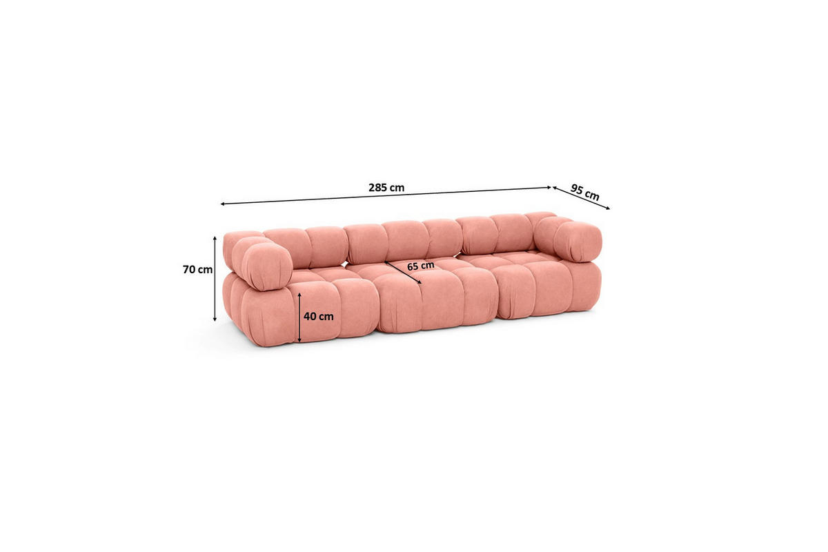 COUCH, 3-Sitzer Modular, Veloursstoff Salvador, Rosa, Selia - Rosa, Holz (285/70/95cm) - Kaiser Möbel