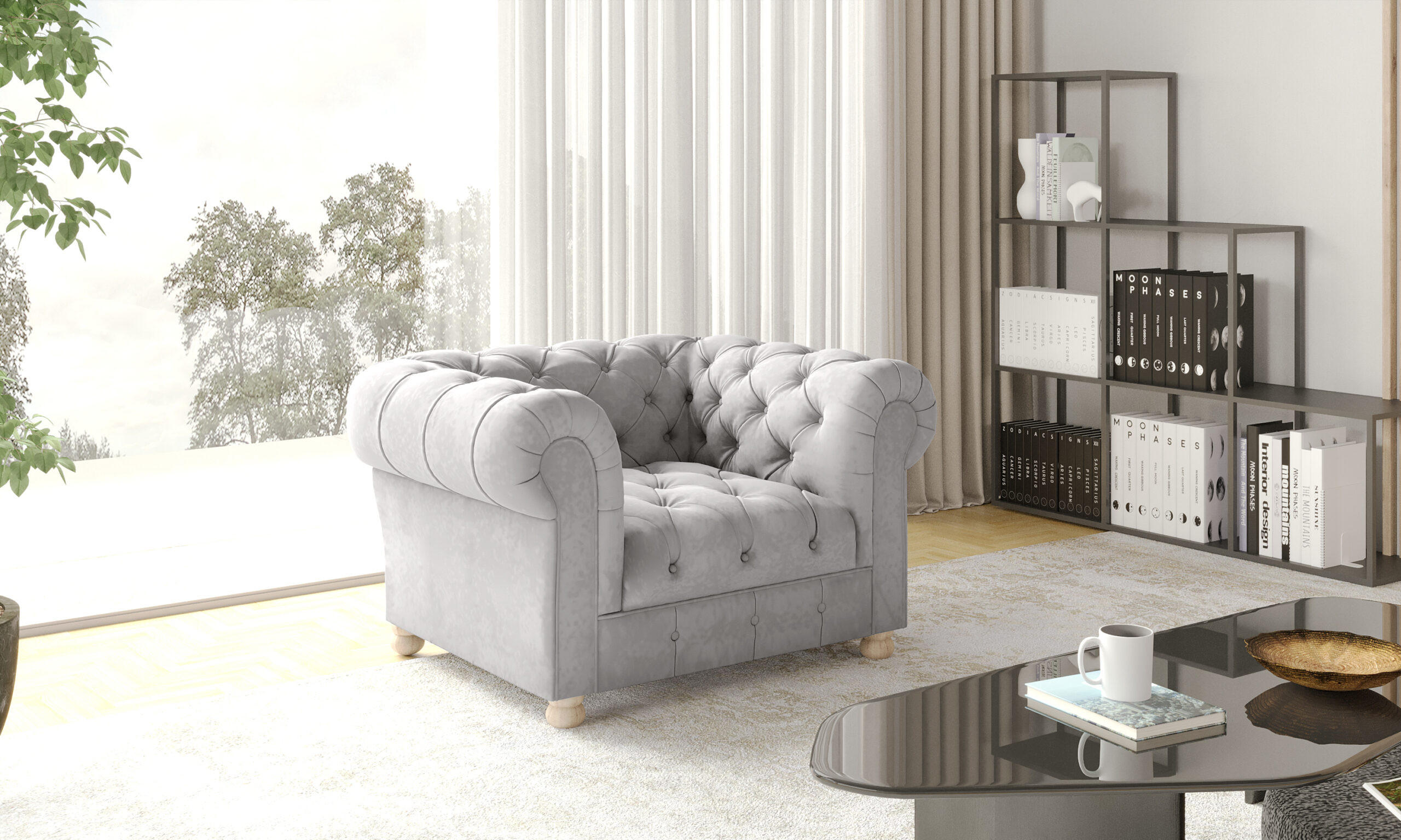SESSEL CHESTERFIELD Elegant Klassisch Schick Stoff Whisper Velours Silber - Silberfarben, Holz (112/77/90cm) - Kaiser Möbel