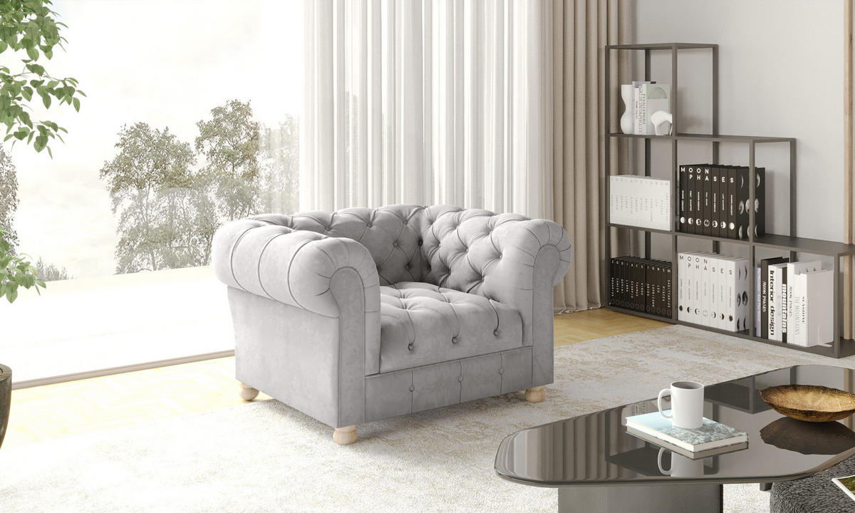SESSEL CHESTERFIELD Elegant Klassisch Schick Stoff Whisper Velours Silber - Silberfarben, Holz (112/77/90cm) - Kaiser Möbel