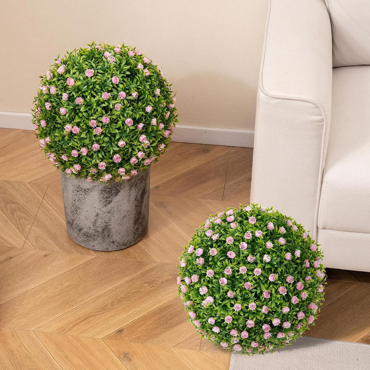 BUCHSBAUMKUGEL mit rosa Blumen grün(2er-Set) - Grün, Kunststoff (37cm) - COSTWAY