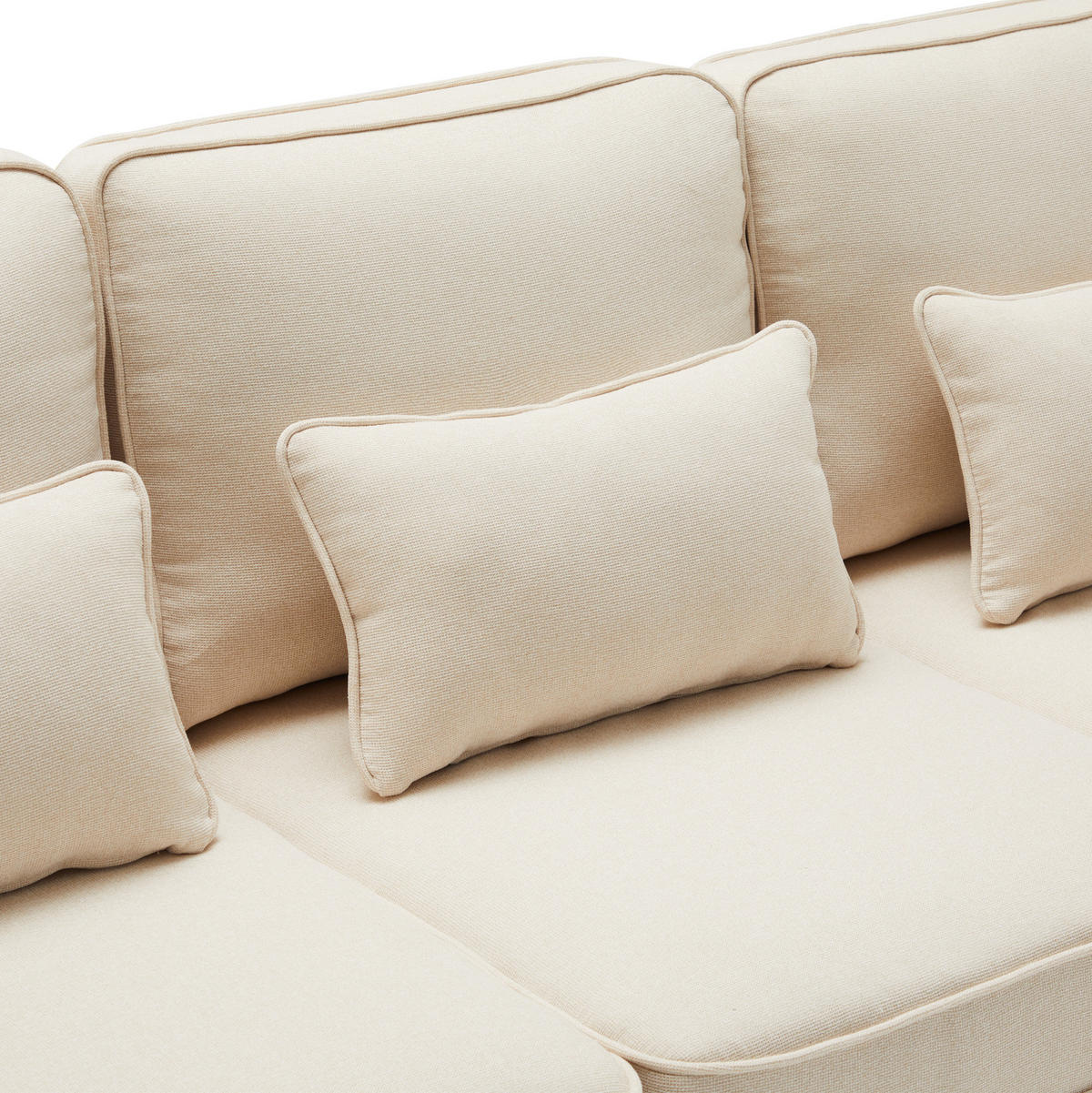 SOFA z ľanovej látky 264x83x87 cm béžová s opierkovými vreckami a 4 vankúšmi - béžová, textil (264/87/83cm) - Modfu