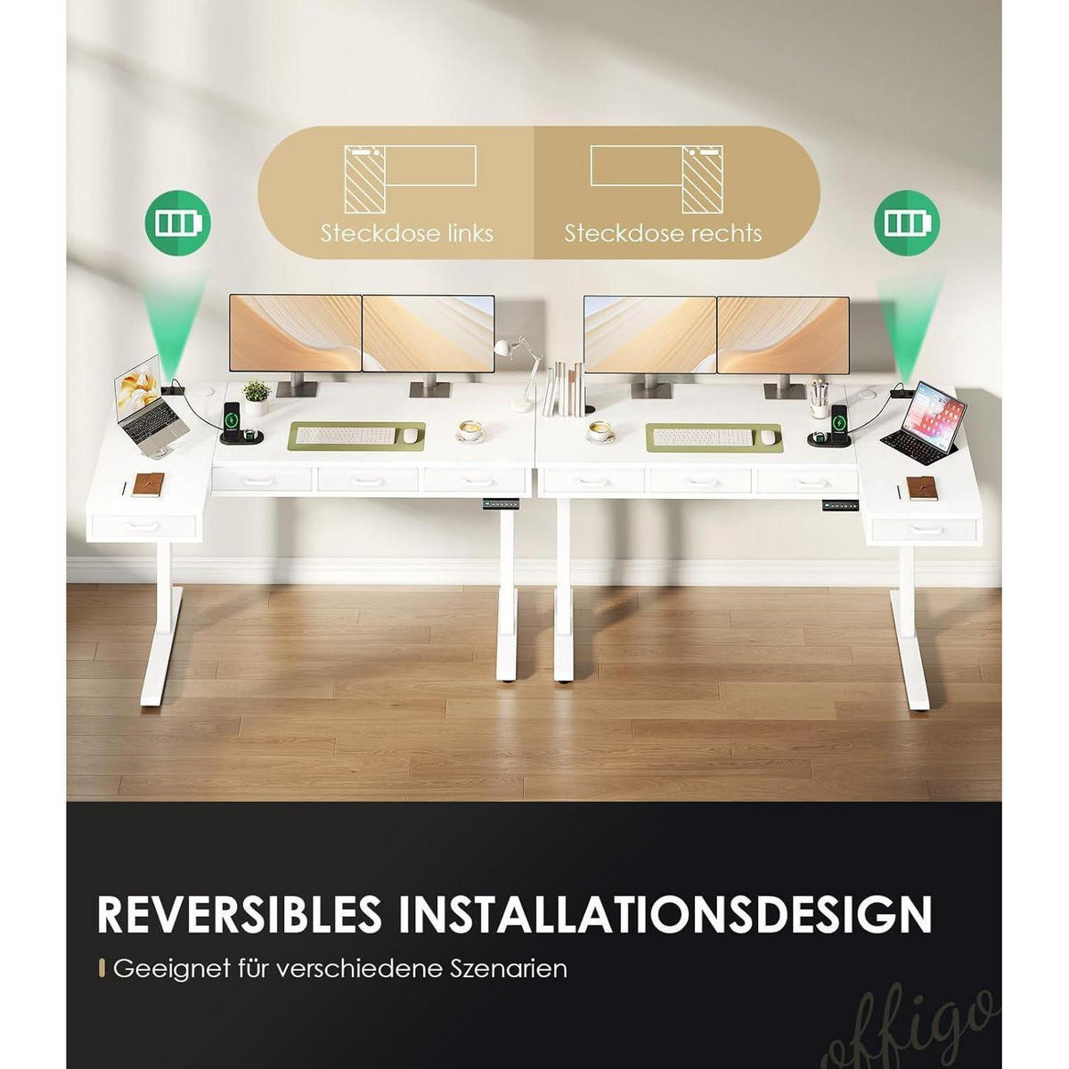 ECKSCHREIBTISCH höhenverstellbar 160 x 80 cm Weiß mit 4 Schubladen - Weiß, Holzwerkstoff (80/160/78cm)